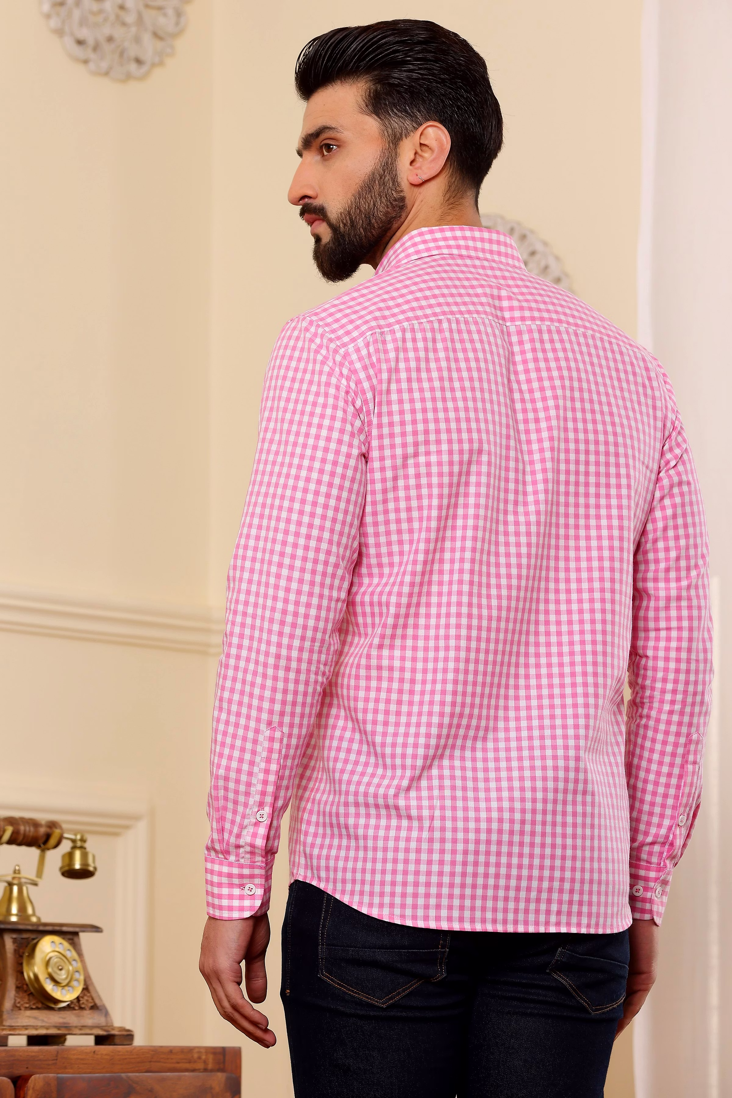 Exclusive Men Pink And White Check Cotton Shirt (Size - S) by BLUE EAGLE 2025 at ShopCircuit | O