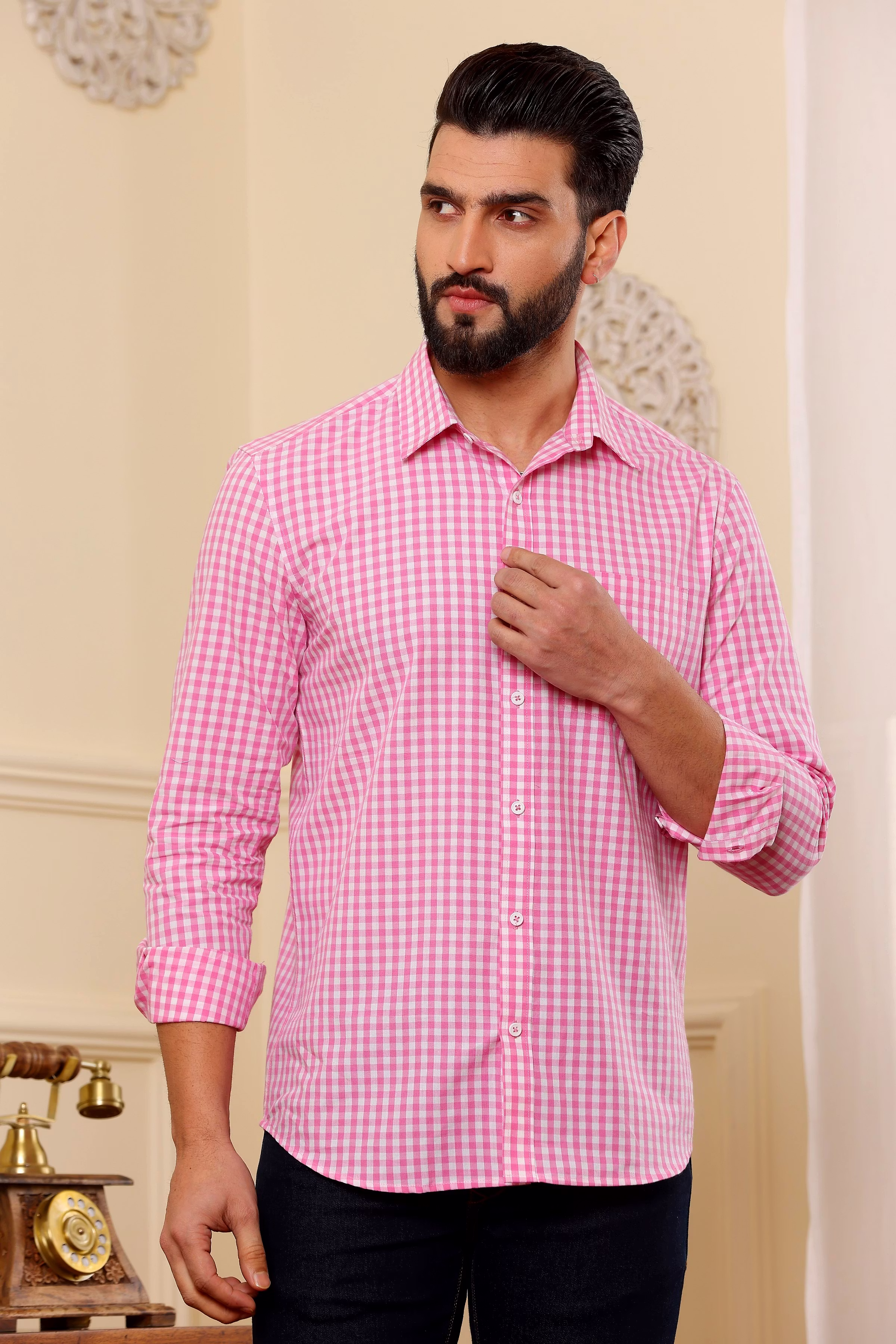 Exclusive Men Pink And White Check Cotton Shirt (Size - S) by BLUE EAGLE 2025 at ShopCircuit | O