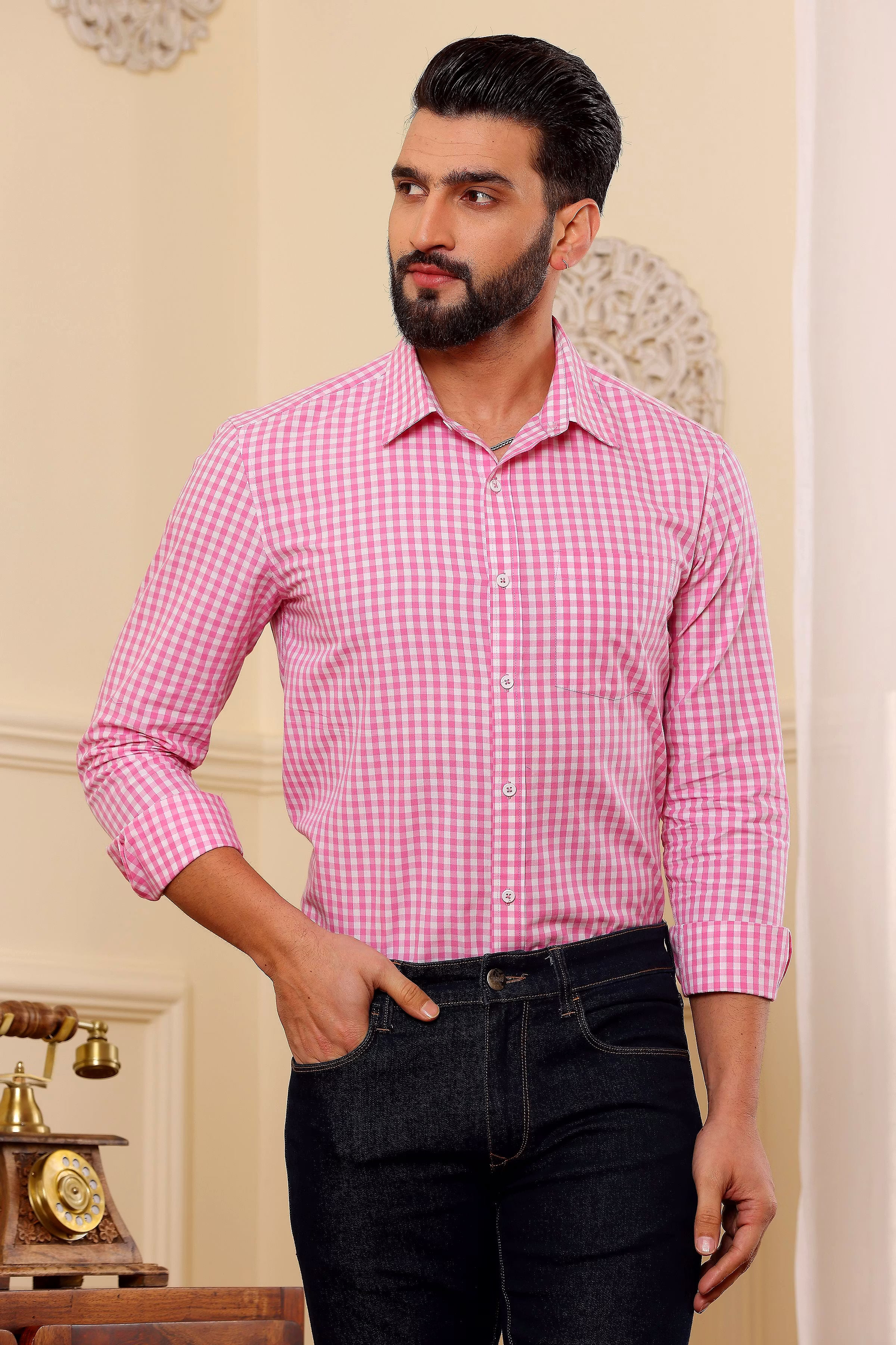 Exclusive Men Pink And White Check Cotton Shirt (Size - S) by BLUE EAGLE 2025 at ShopCircuit | O