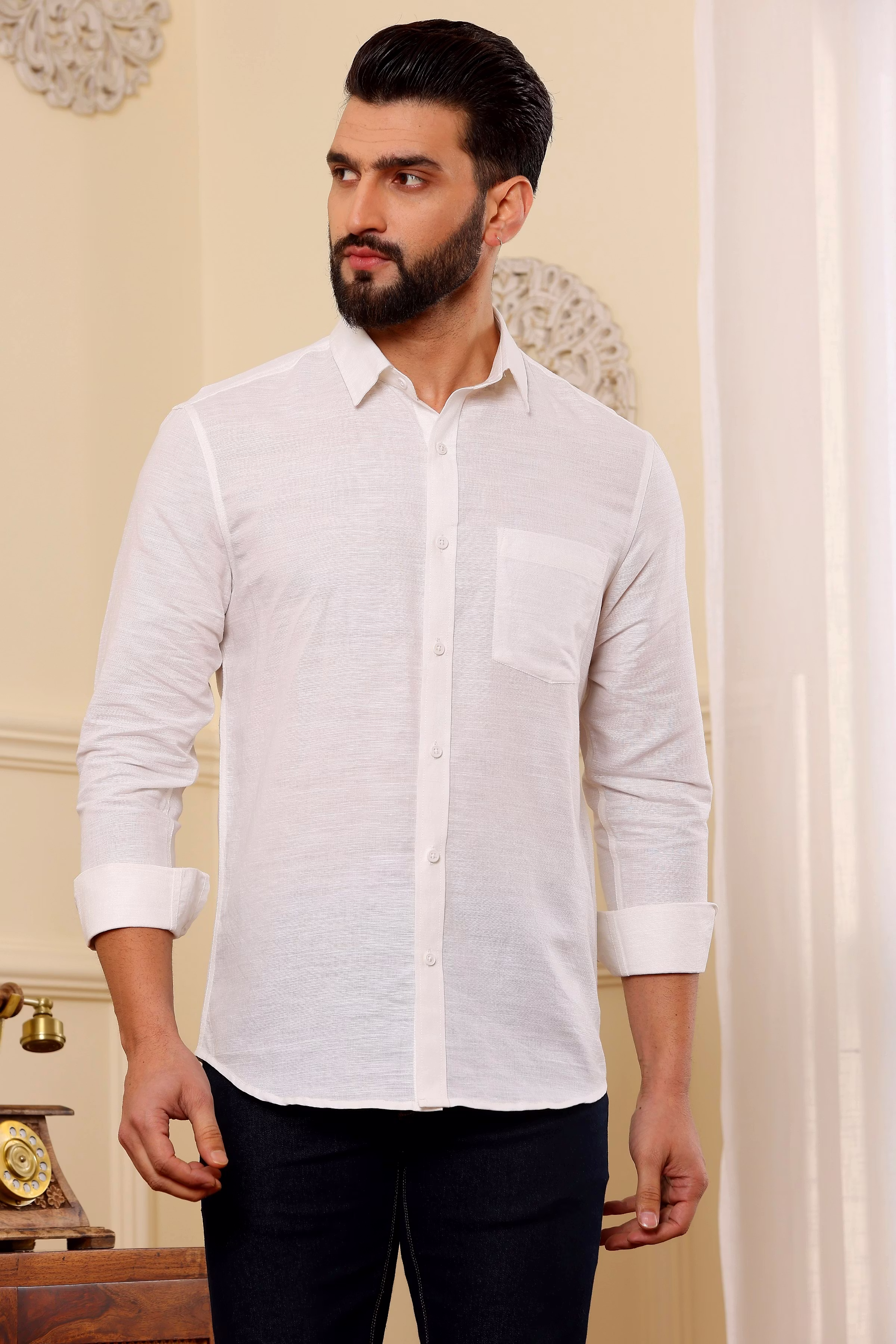 New Men Cream White Pure Linen Shirt (Size - S) by BLUE EAGLE 2025 at ShopCircuit | ONDC