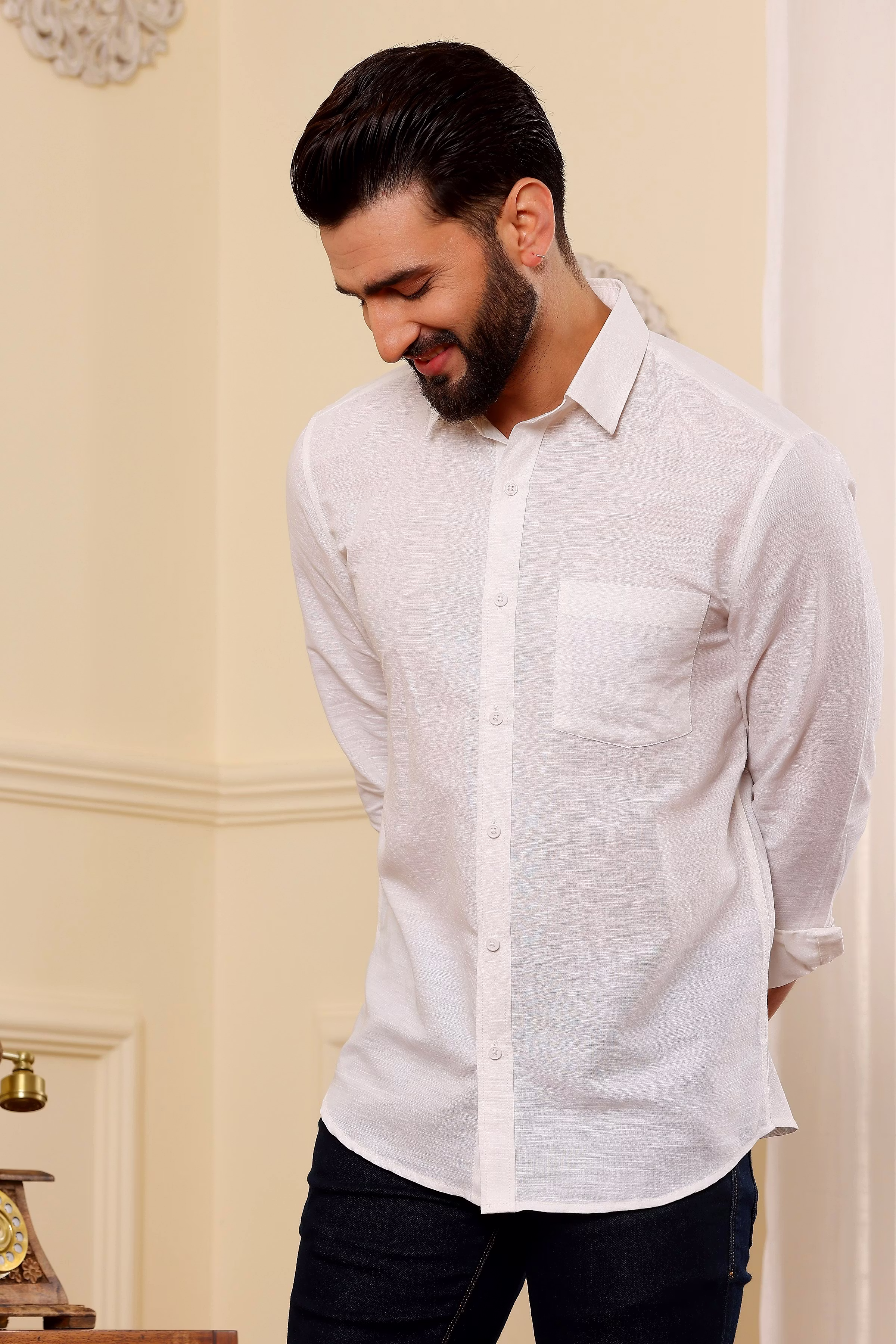 New Men Cream White Pure Linen Shirt (Size - S) by BLUE EAGLE 2025 at ShopCircuit | ONDC