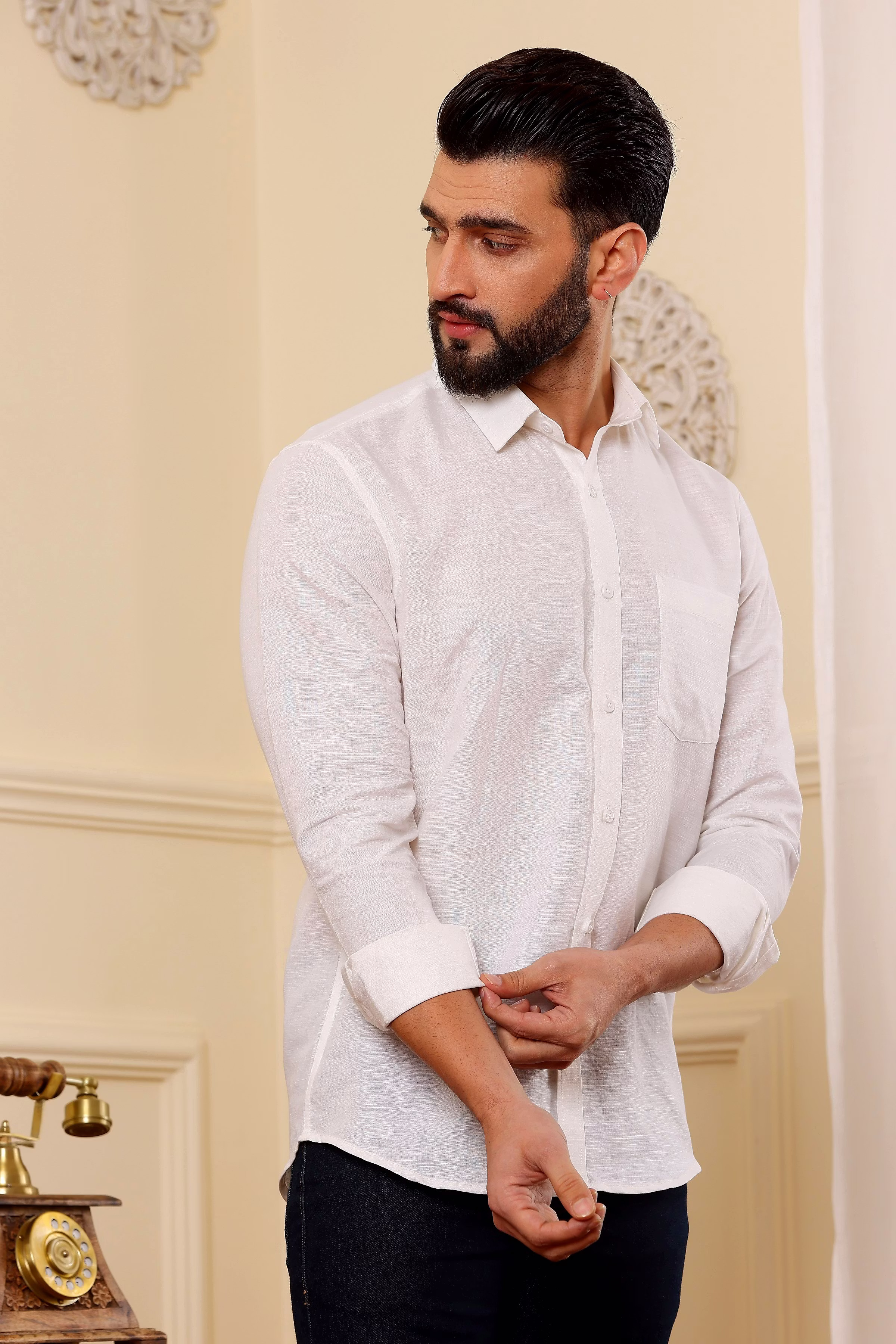New Men Cream White Pure Linen Shirt (Size - S) by BLUE EAGLE 2025 at ShopCircuit | ONDC