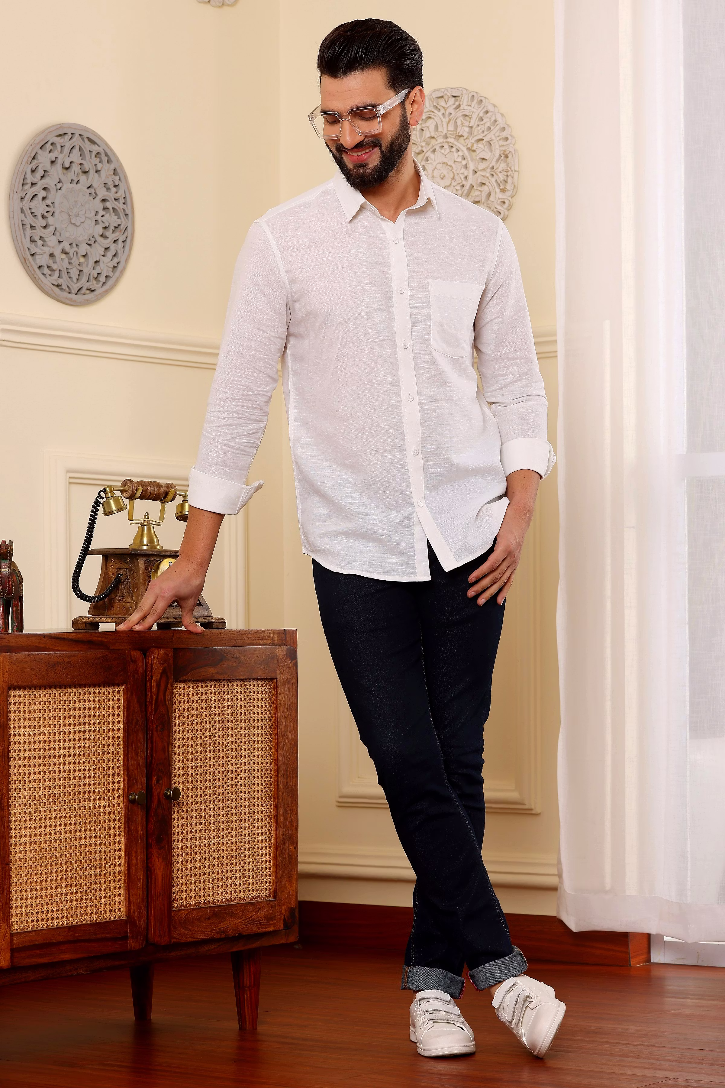 New Men Cream White Pure Linen Shirt (Size - S) by BLUE EAGLE 2025 at ShopCircuit | ONDC