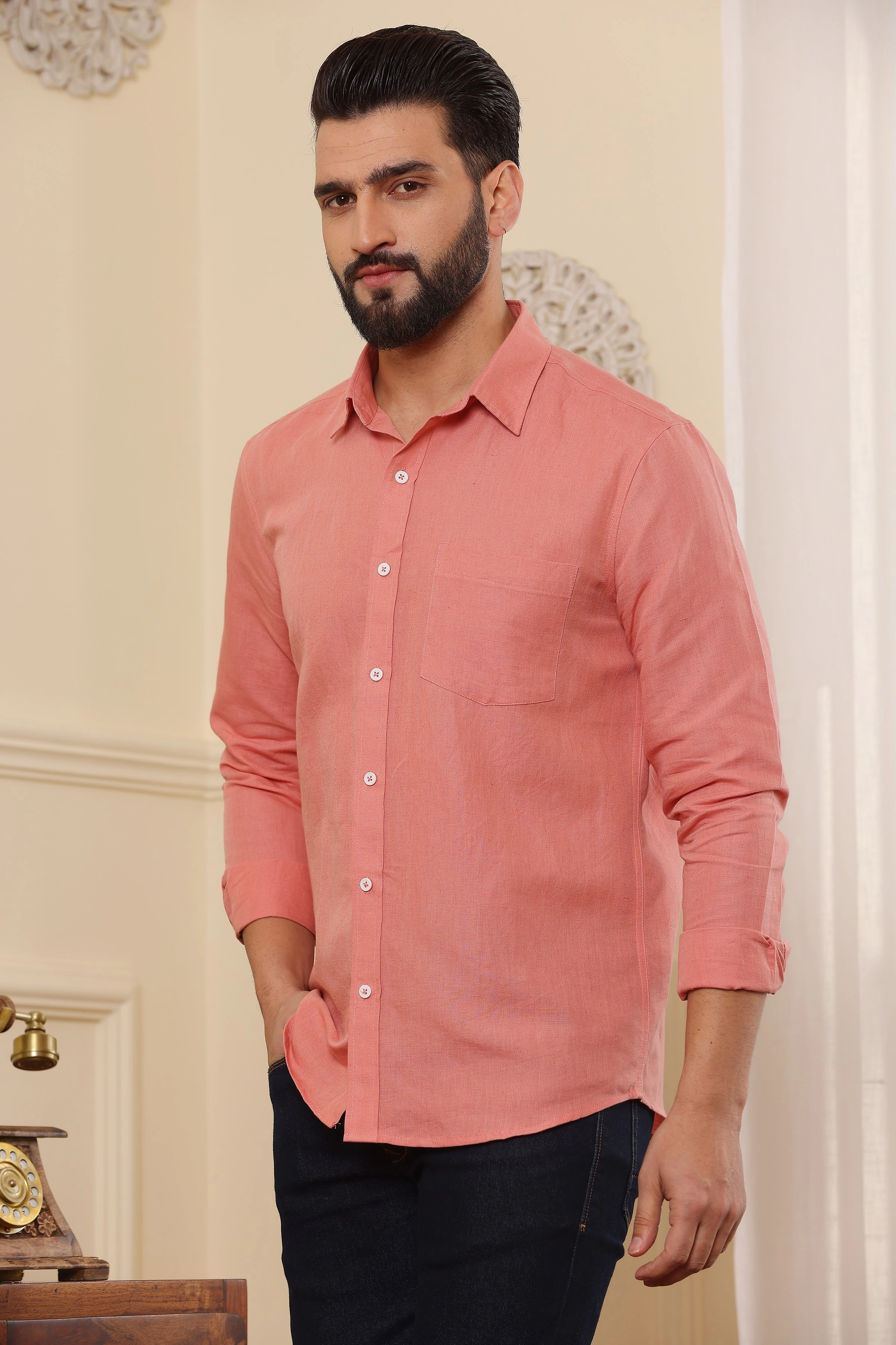 Indian Red Solid Pure Linen Shirt-S-1