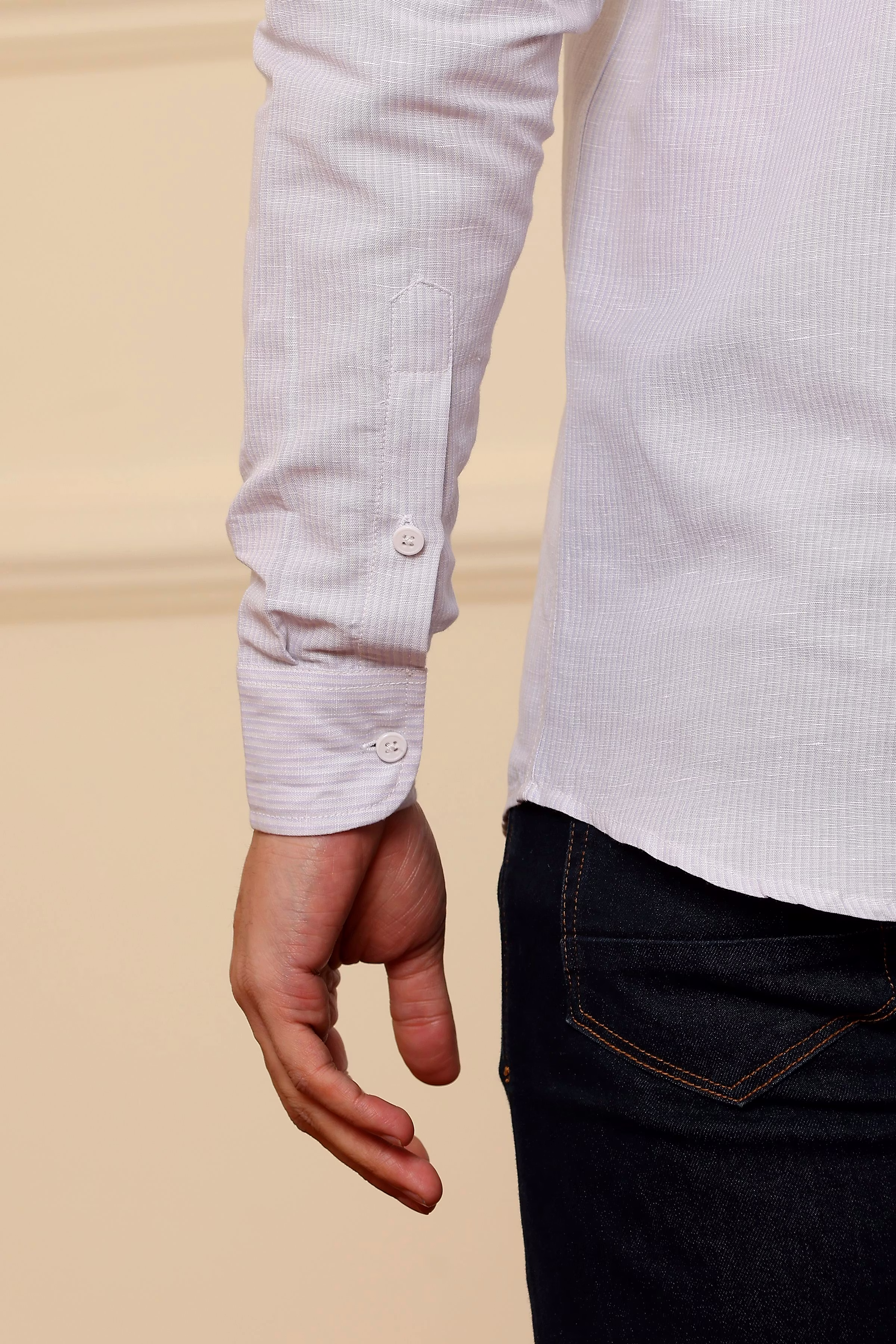 Affordable Men Light Pin Stripes White Pure Linen Sirt (Size - S) by BLUE EAGLE 2025 at ShopCirc