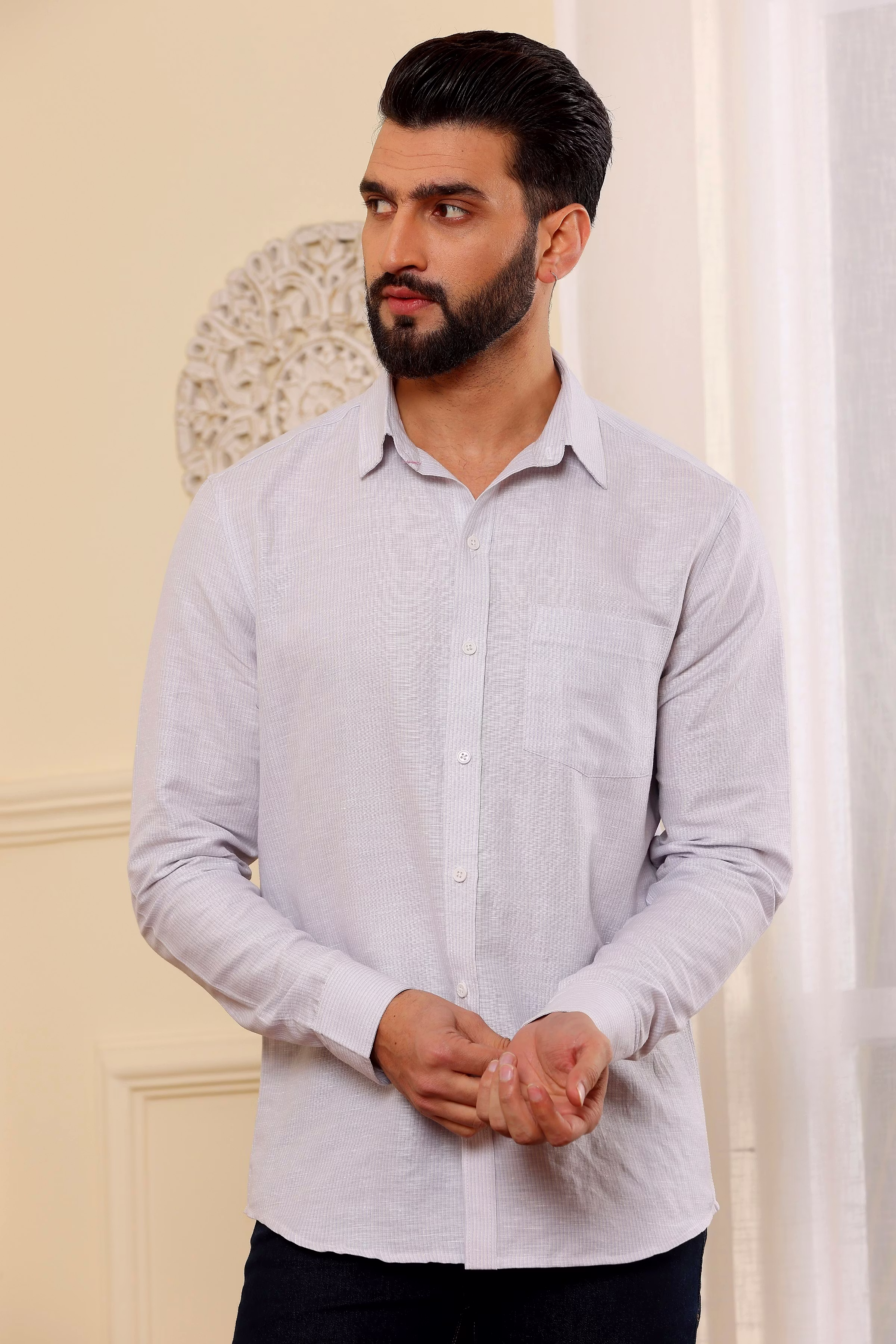 Affordable Men Light Pin Stripes White Pure Linen Sirt (Size - S) by BLUE EAGLE 2025 at ShopCirc