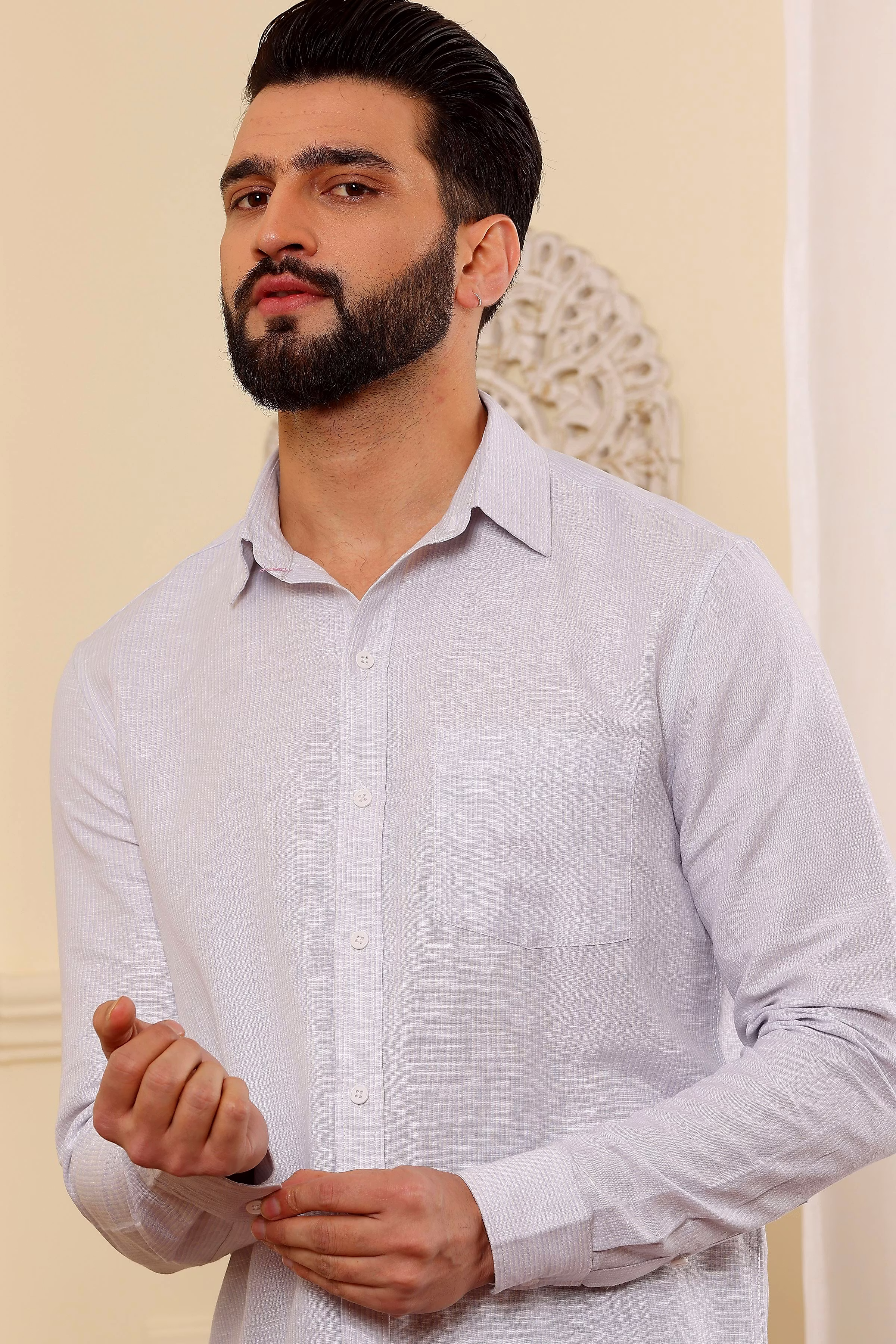 Affordable Men Light Pin Stripes White Pure Linen Sirt (Size - S) by BLUE EAGLE 2025 at ShopCirc