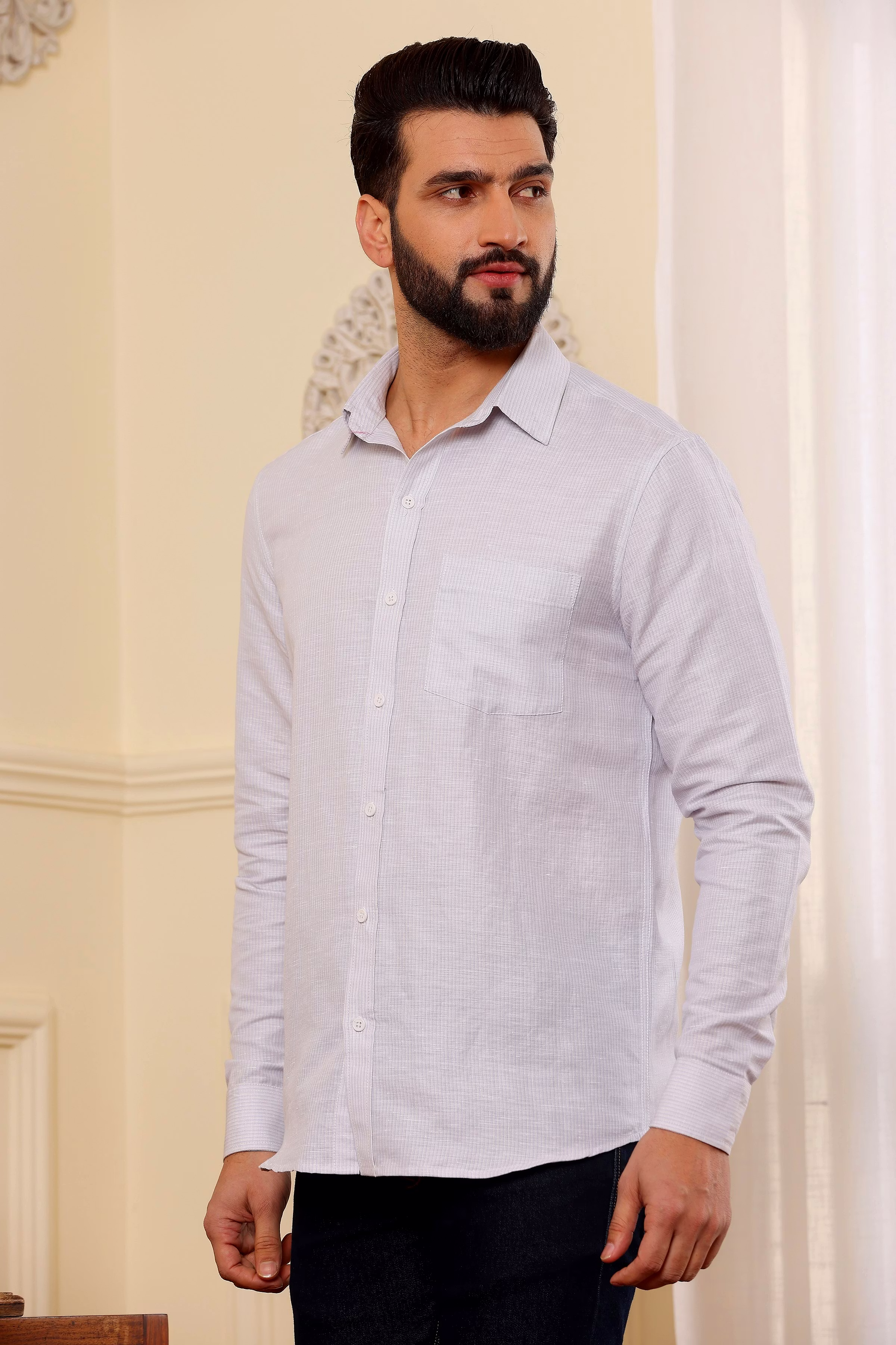 Affordable Men Light Pin Stripes White Pure Linen Sirt (Size - S) by BLUE EAGLE 2025 at ShopCirc