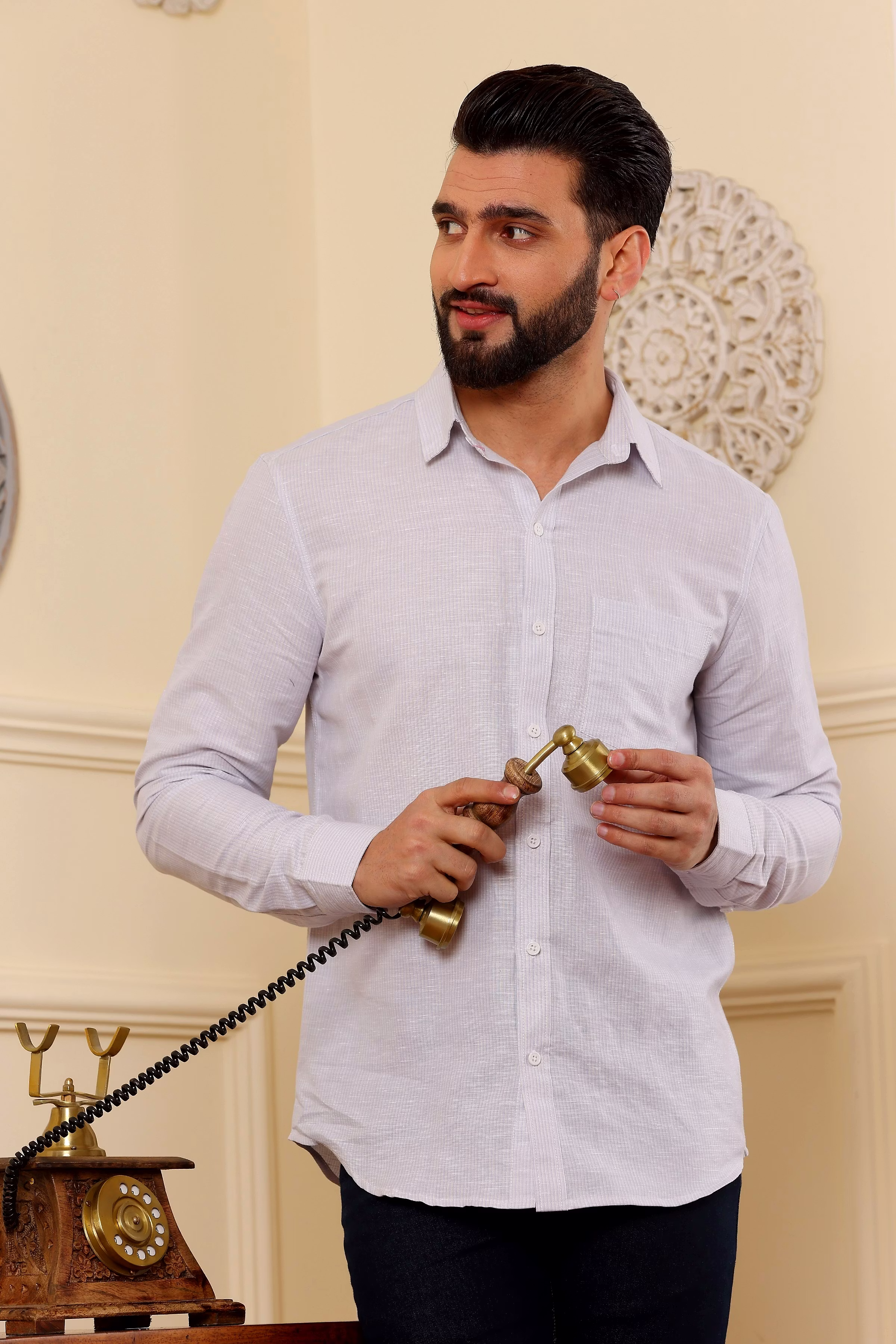Affordable Men Light Pin Stripes White Pure Linen Sirt (Size - S) by BLUE EAGLE 2025 at ShopCirc