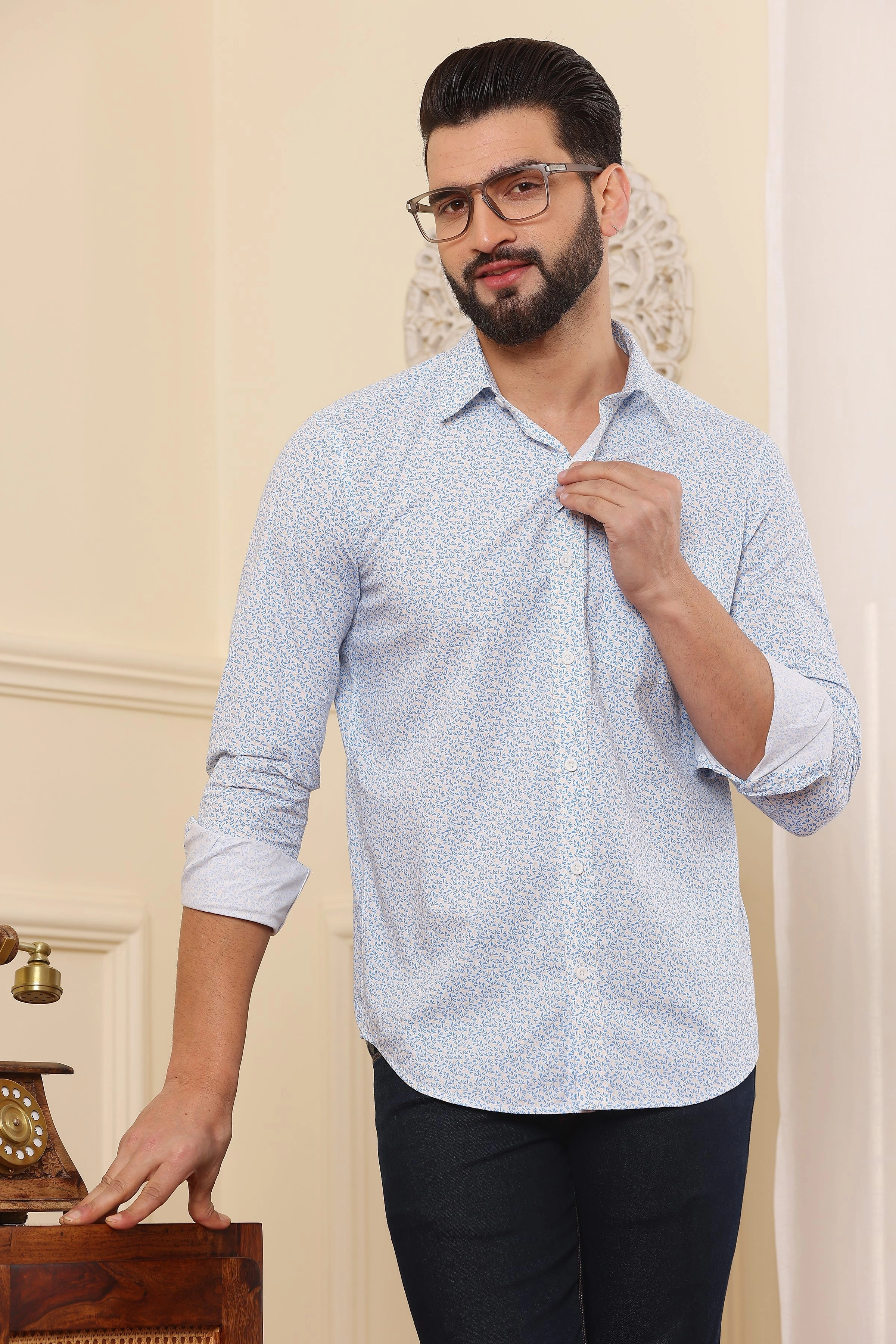 White Blue Printed Cotton Shirt-S-3