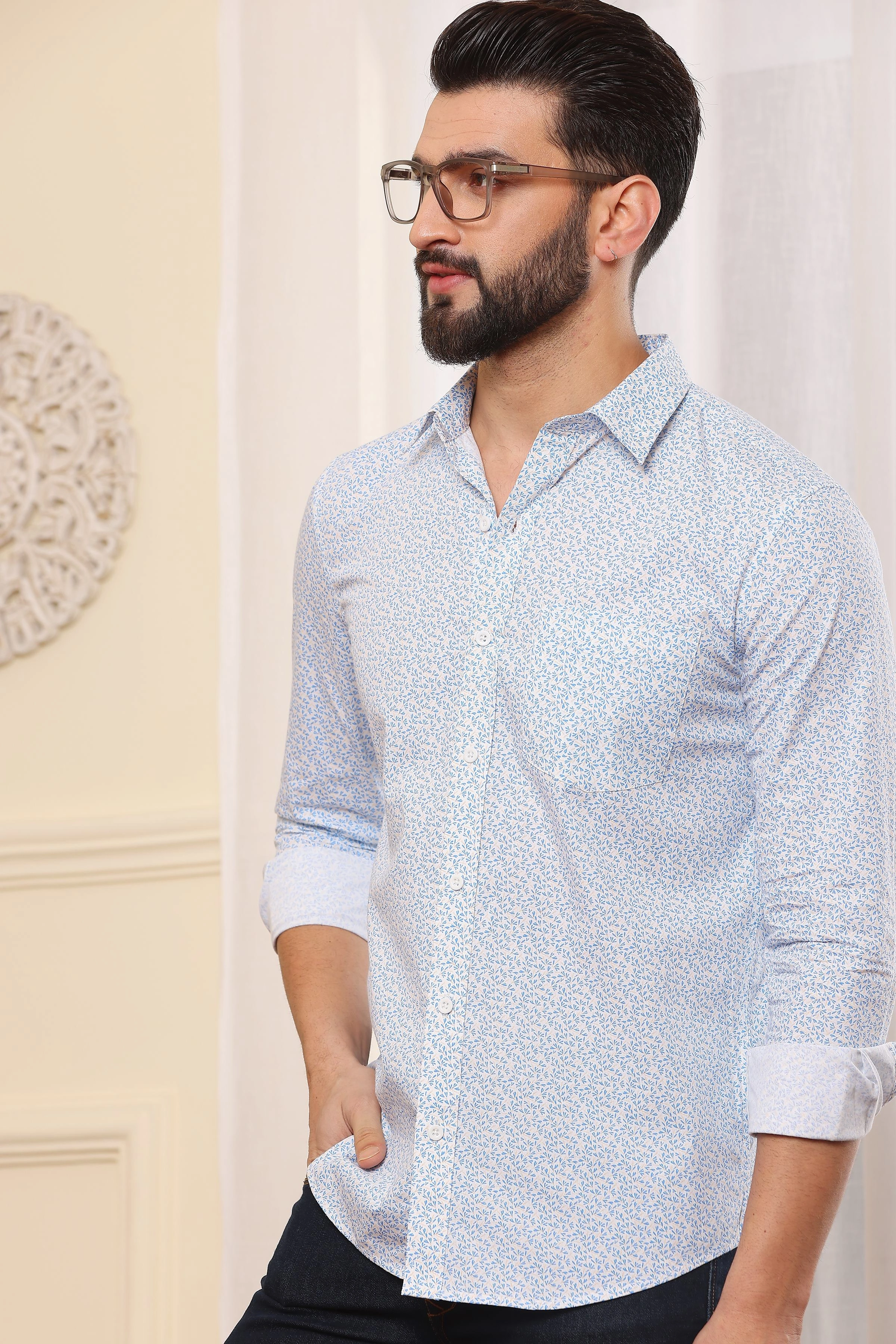 White Blue Printed Cotton Shirt-S-4