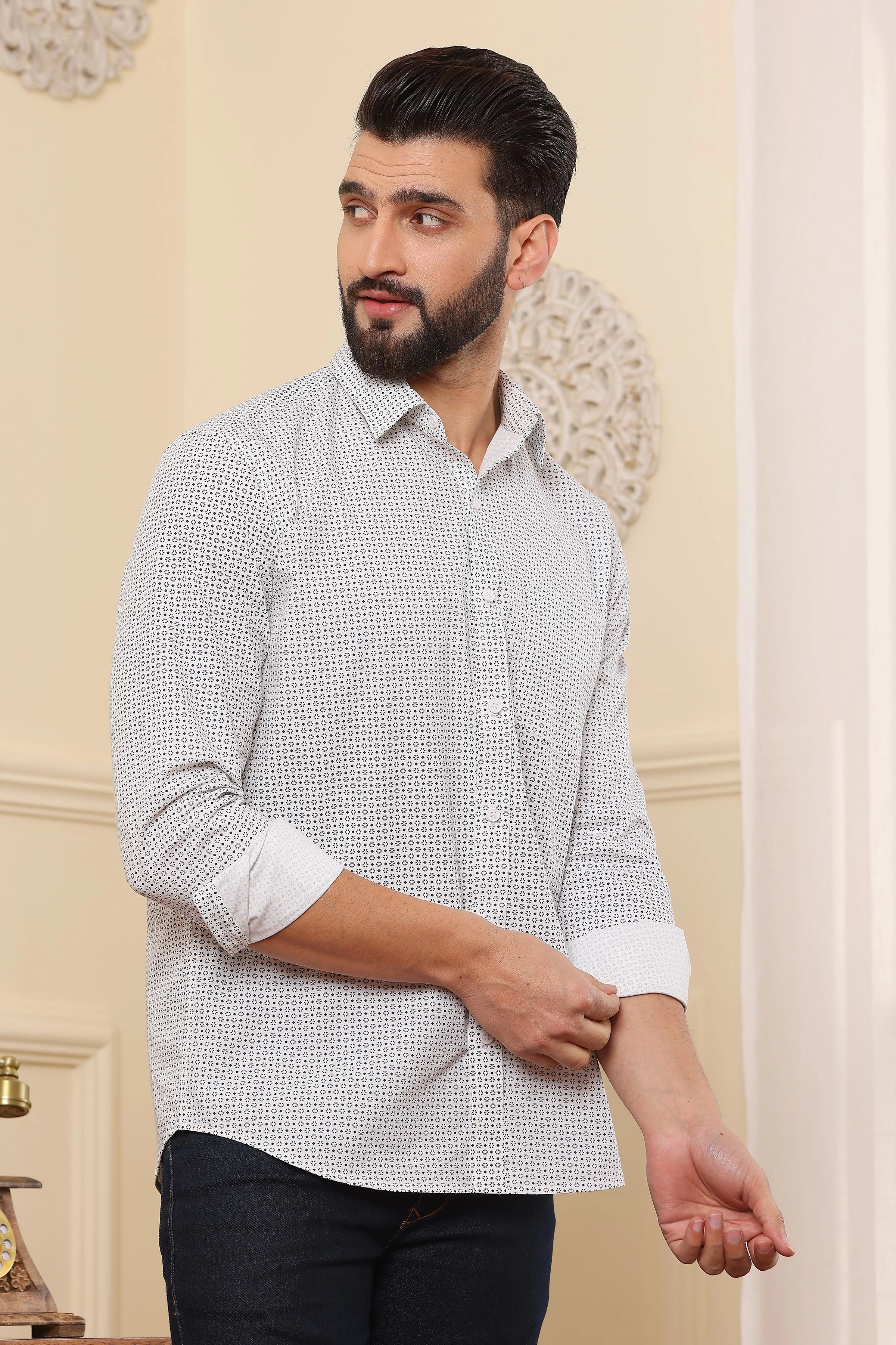 Medallion Print Cotton Shirt White-S-2