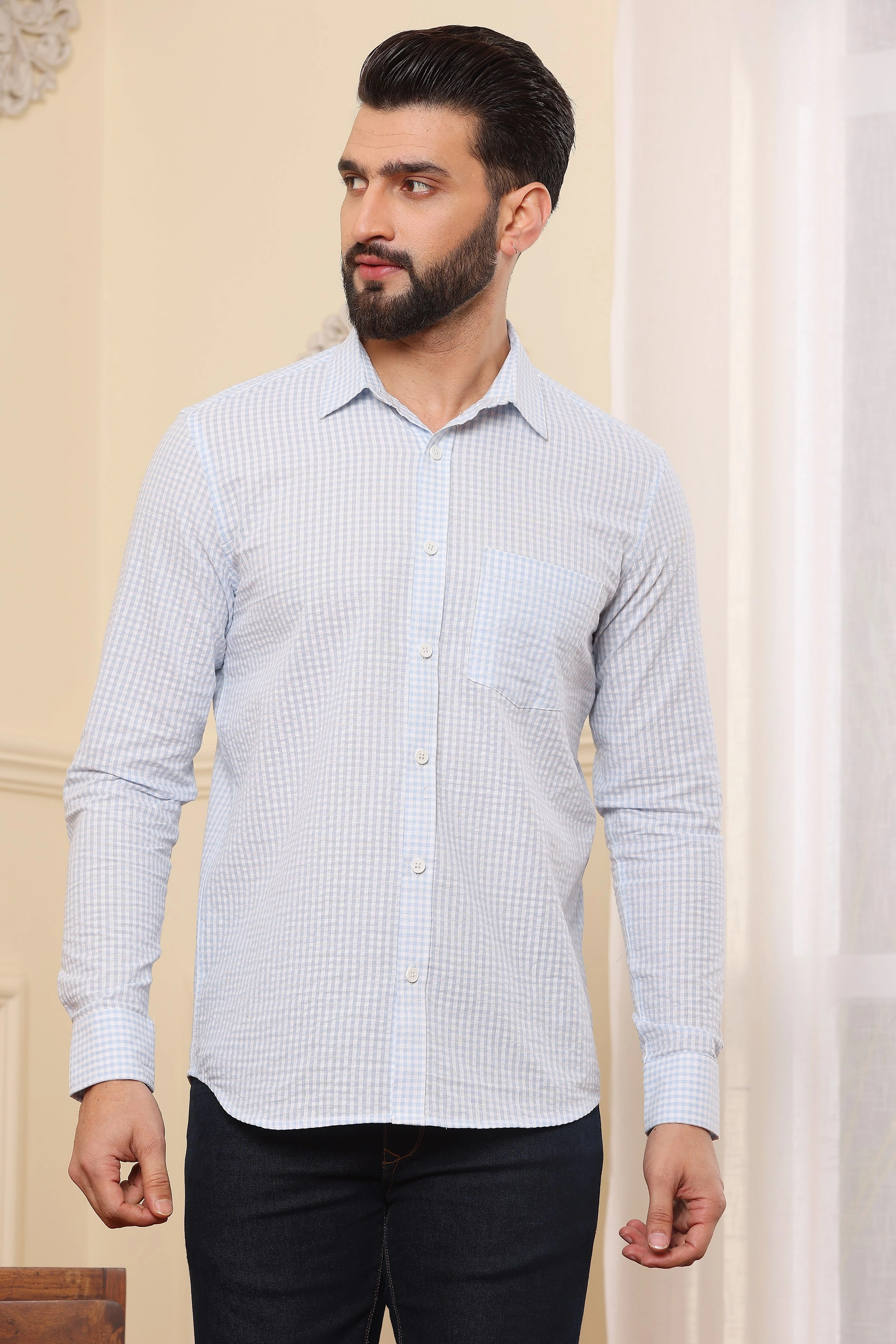 Semi Formal Blue White Oxford Cotton Shirt-BE1119-S