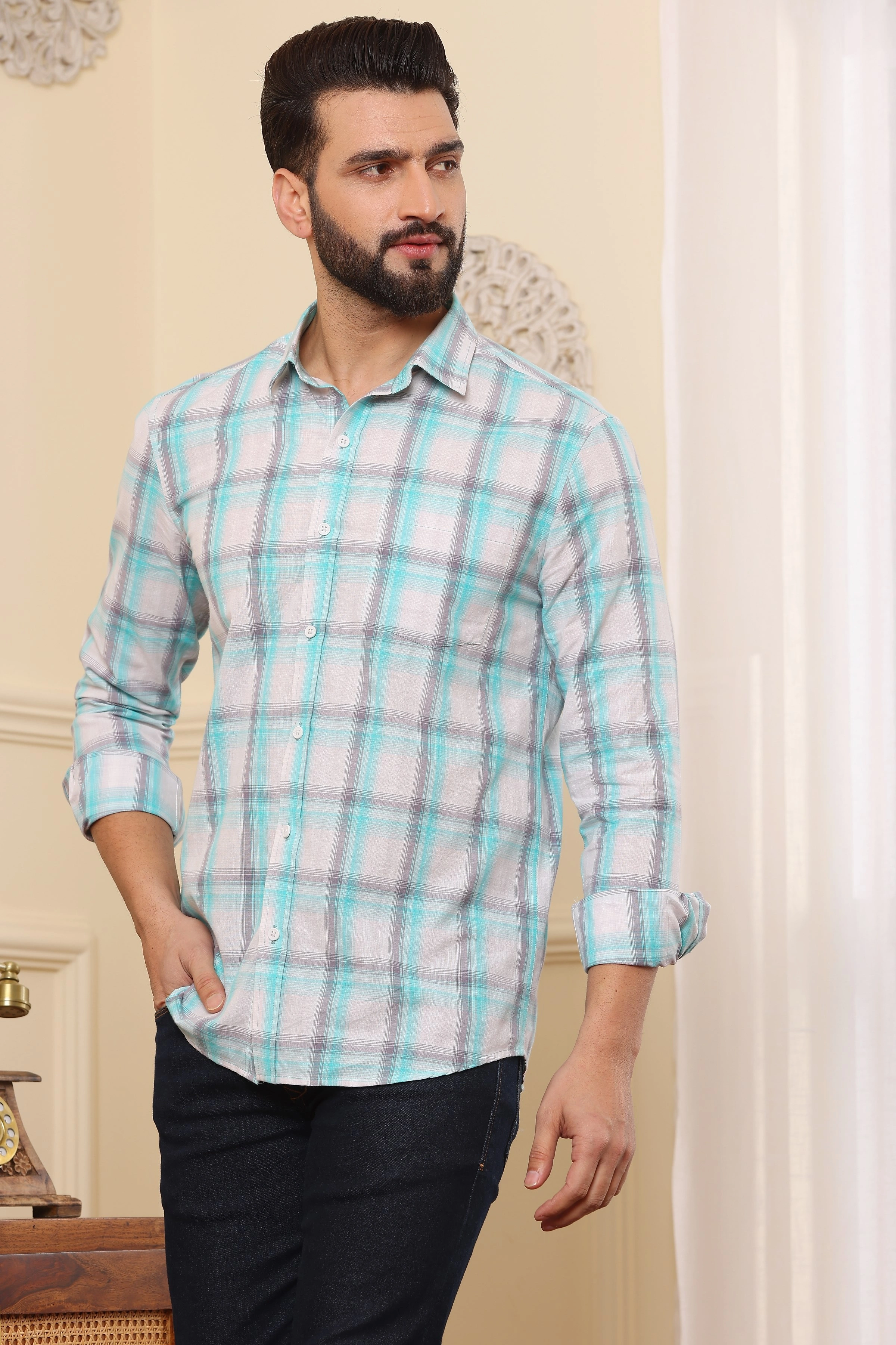 Checkered Semi Formal Cotton Shirt Green Grey-S-1