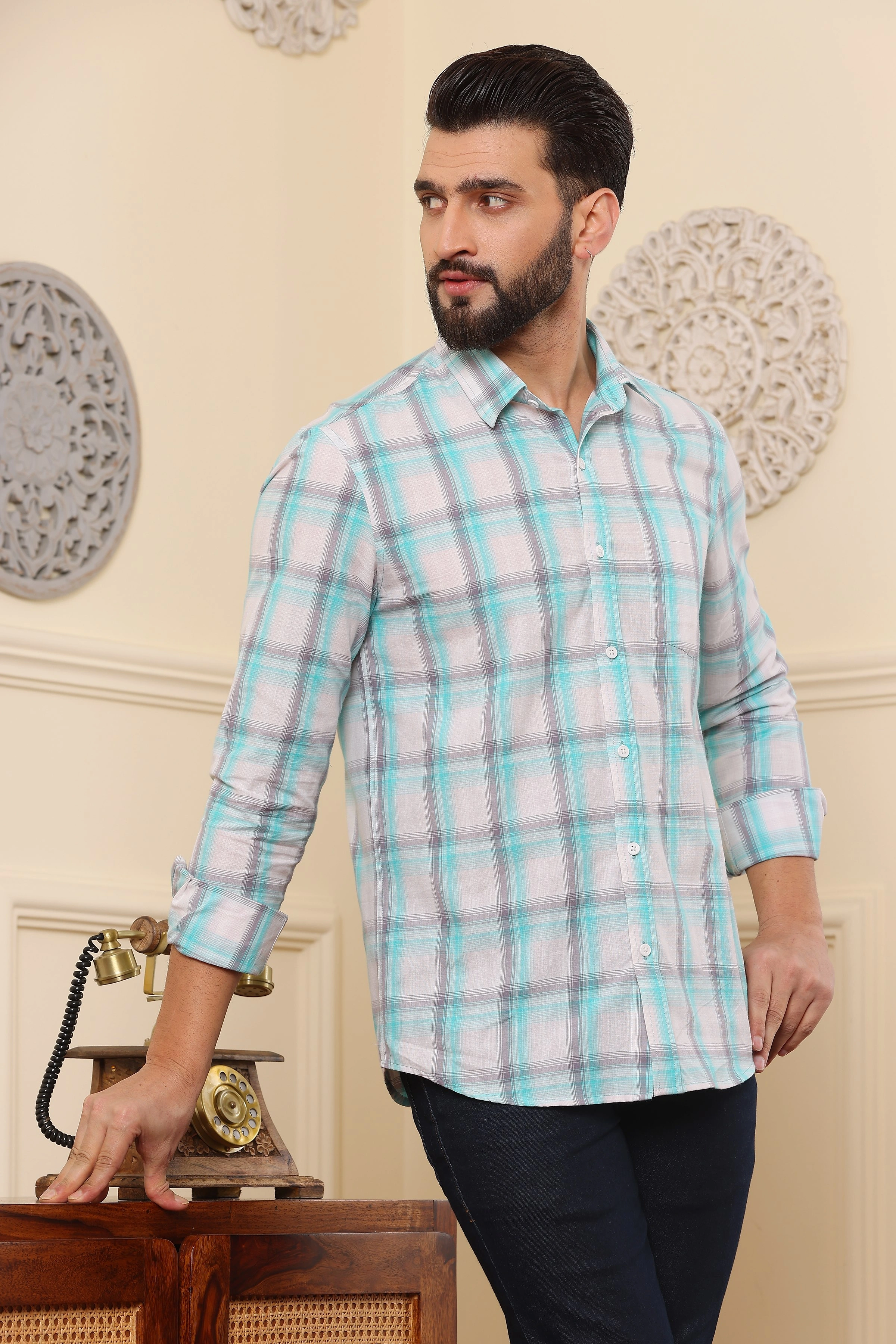 Checkered Semi Formal Cotton Shirt Green Grey-S-2