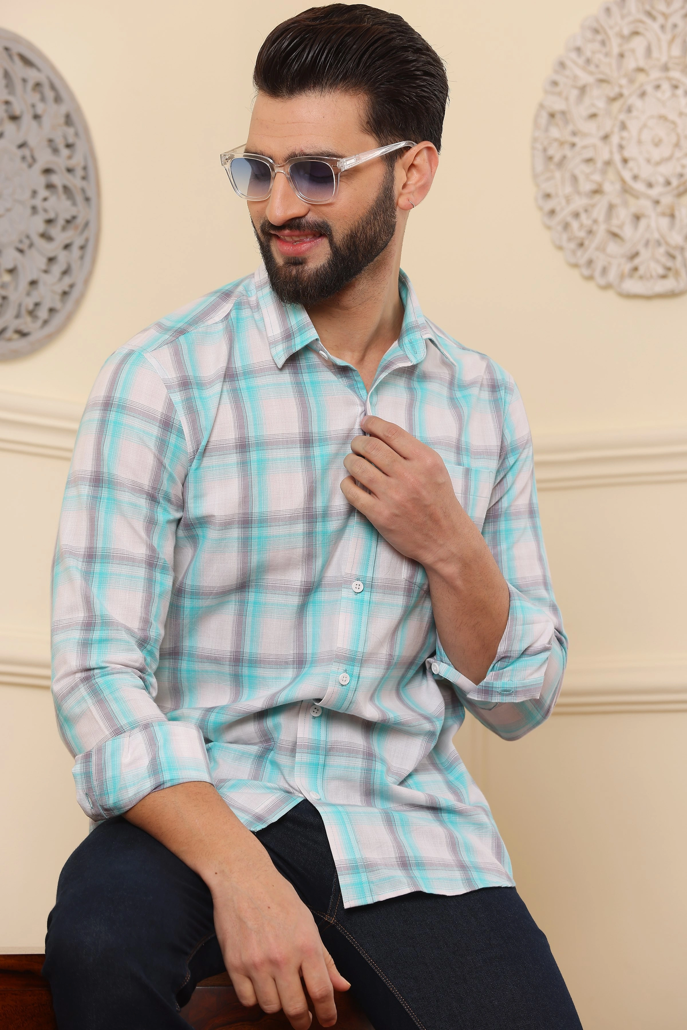 Checkered Semi Formal Cotton Shirt Green Grey-S-4