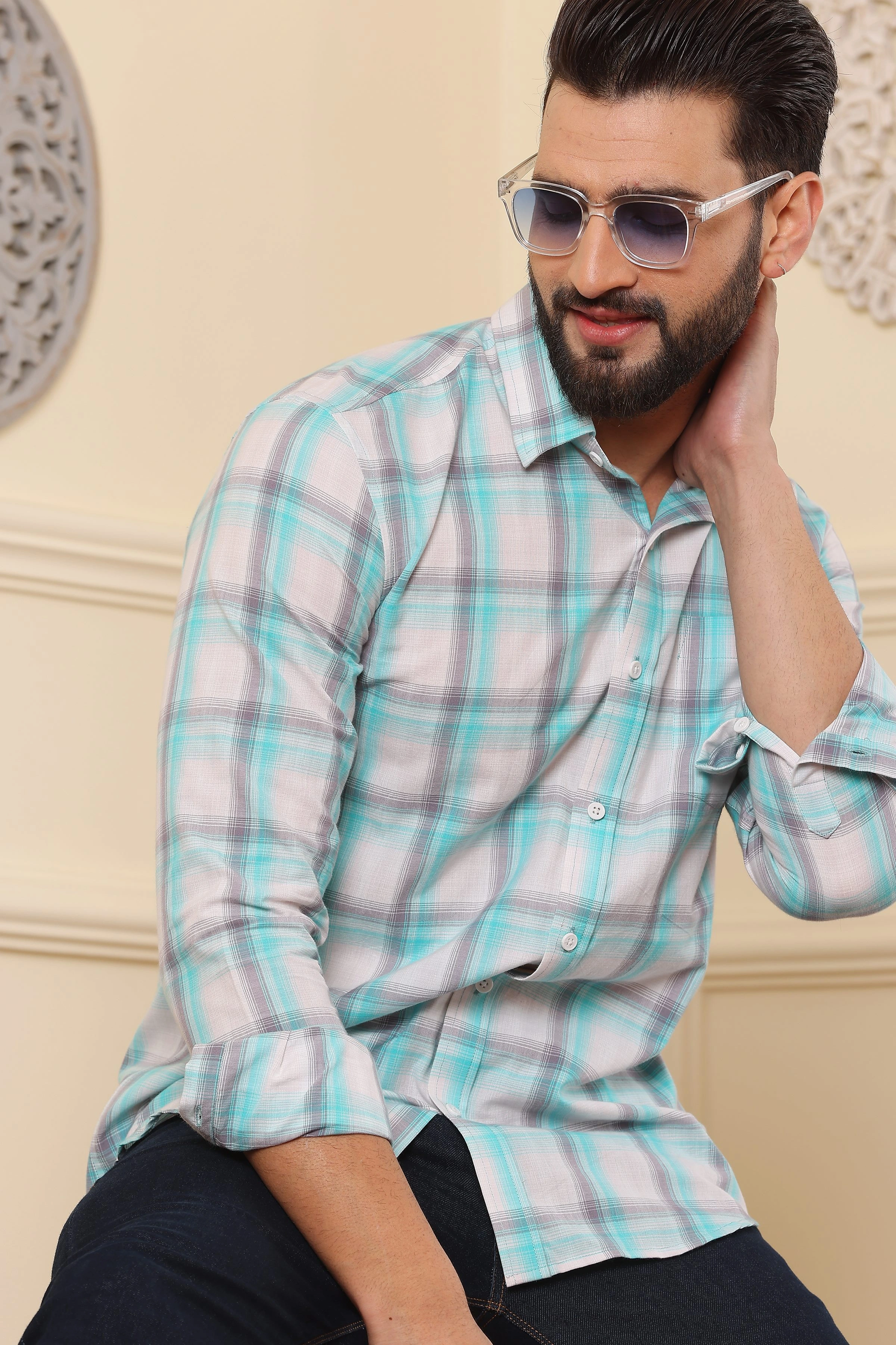 Checkered Semi Formal Cotton Shirt Green Grey-S-5