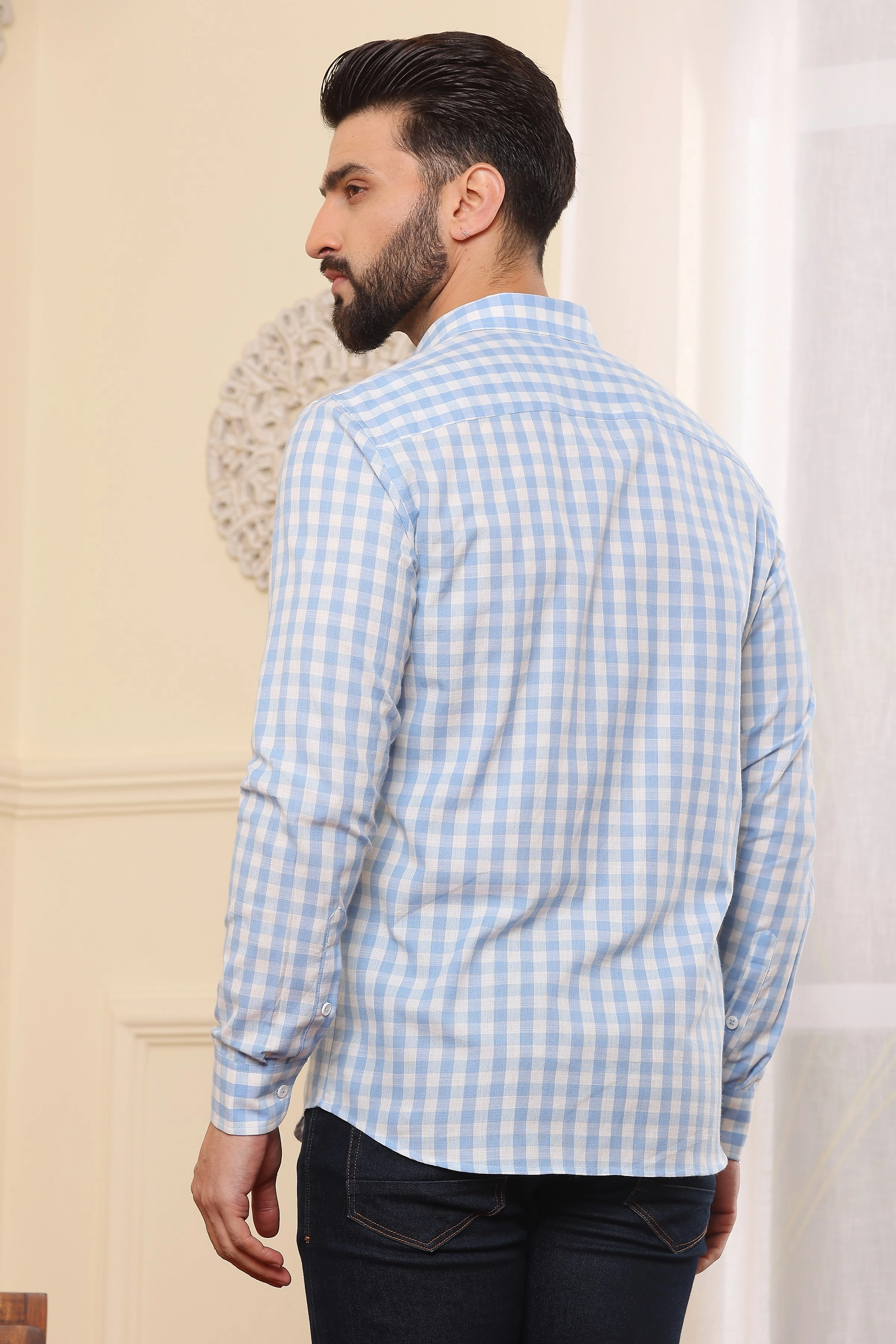 Check Cotton Shirt Blue N Wite-S-5