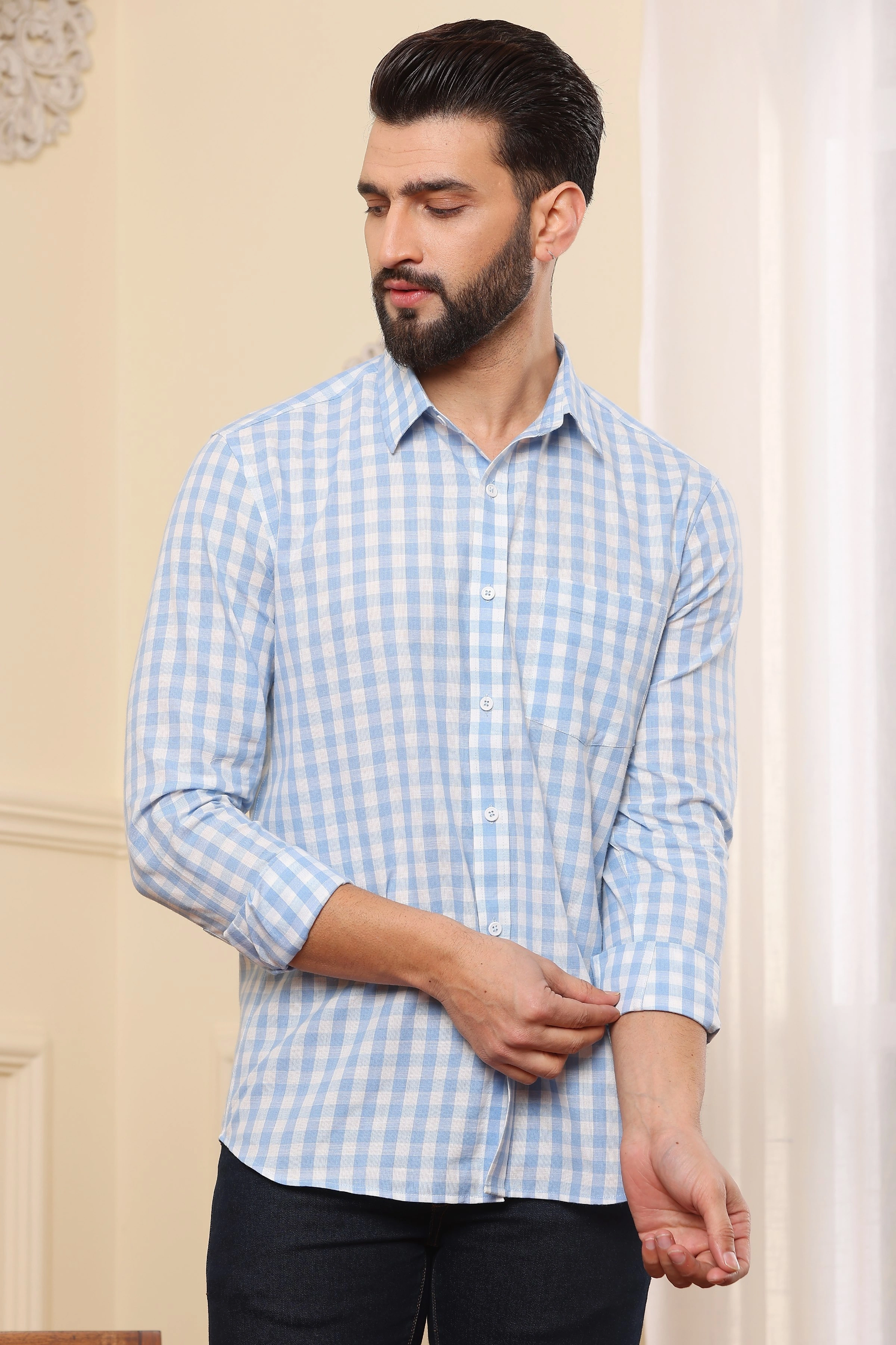 Check Cotton Shirt Blue N Wite-BE1122-S