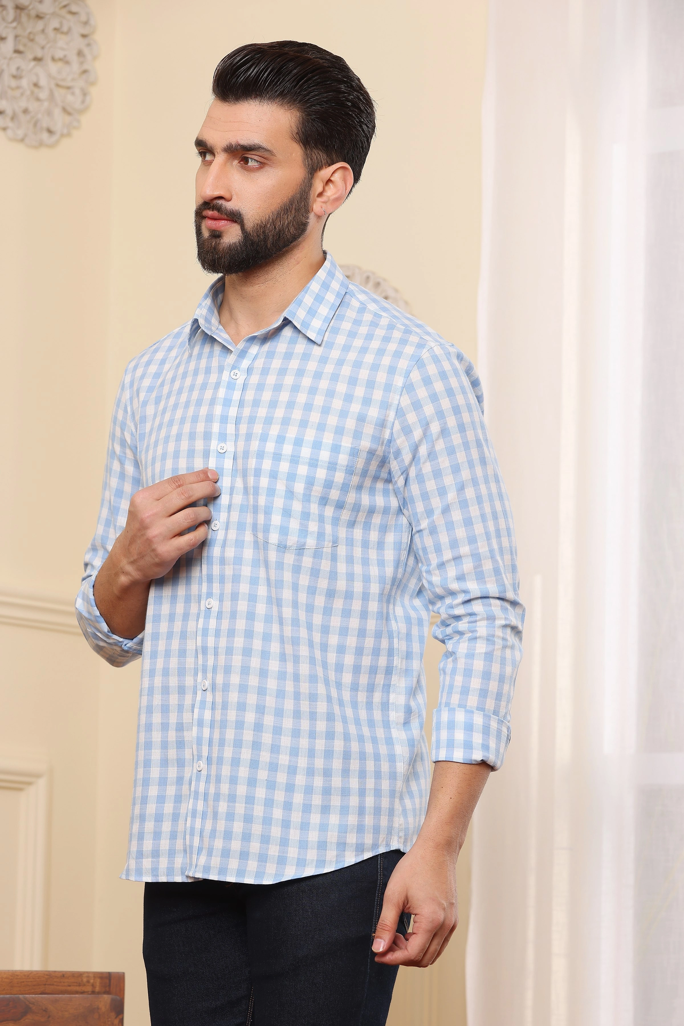 Check Cotton Shirt Blue N Wite-S-1