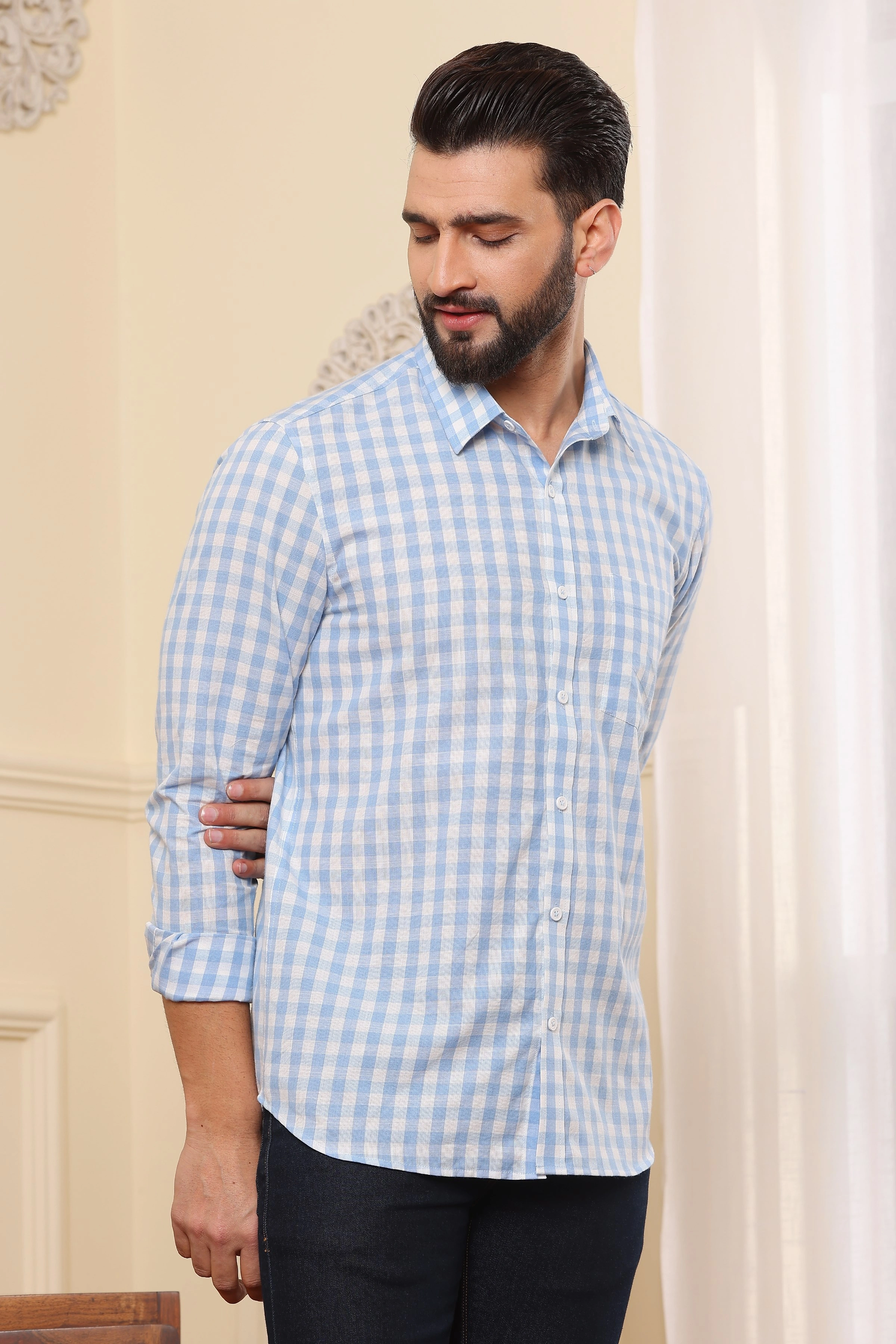 Check Cotton Shirt Blue N Wite-S-2