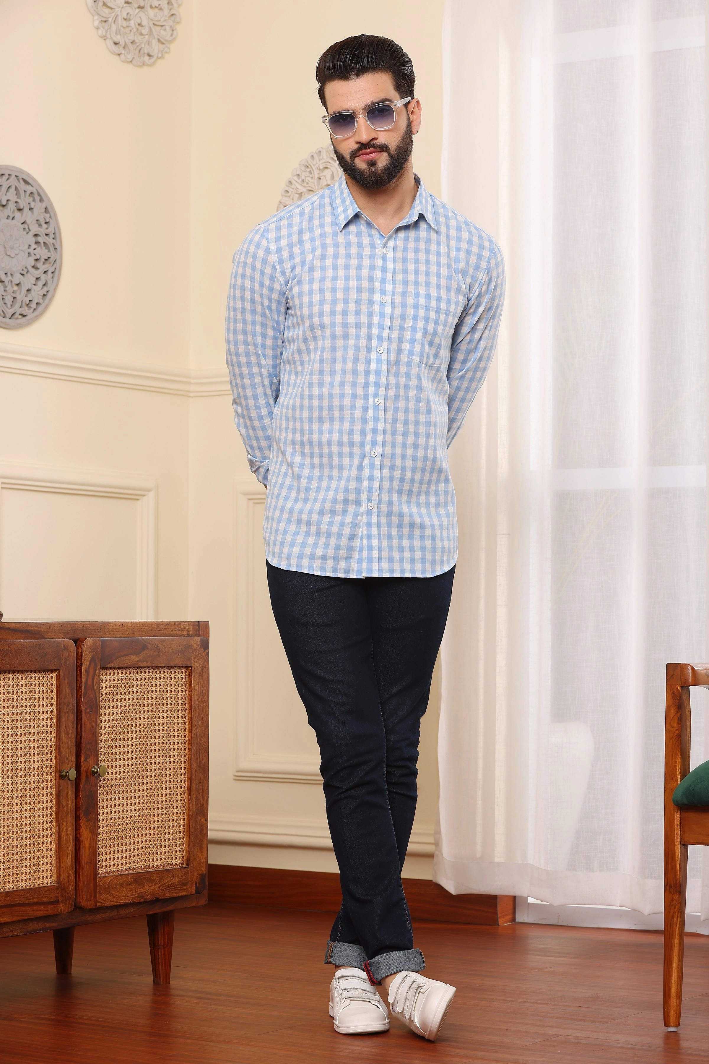 Check Cotton Shirt Blue N Wite-S-3