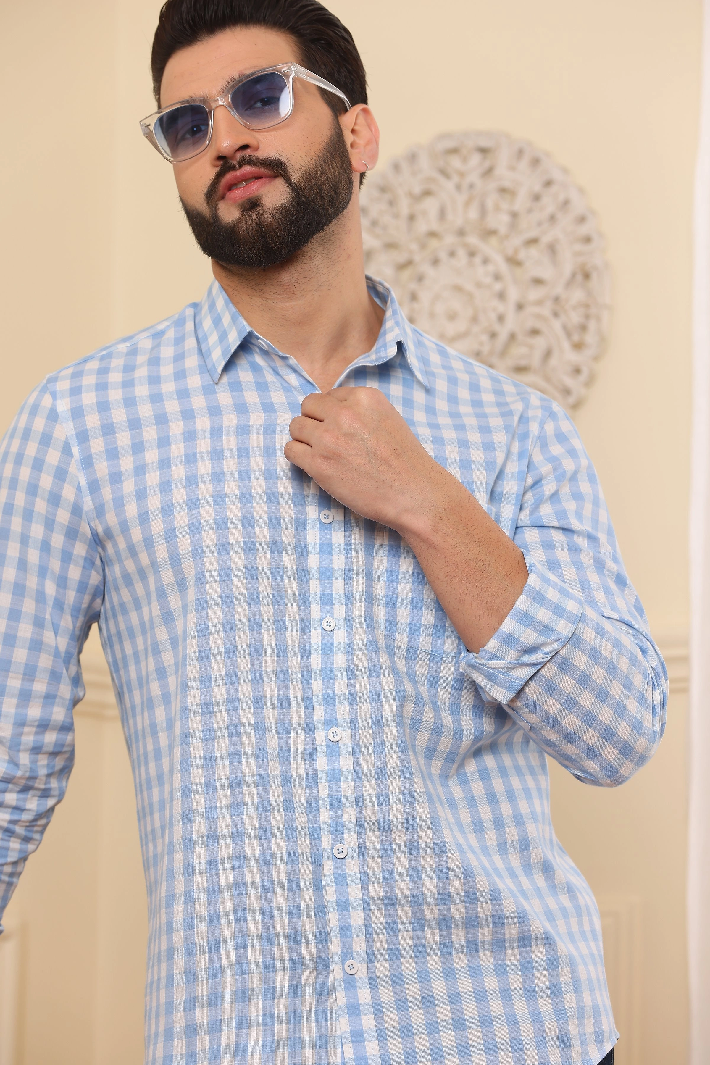 Check Cotton Shirt Blue N Wite-S-4