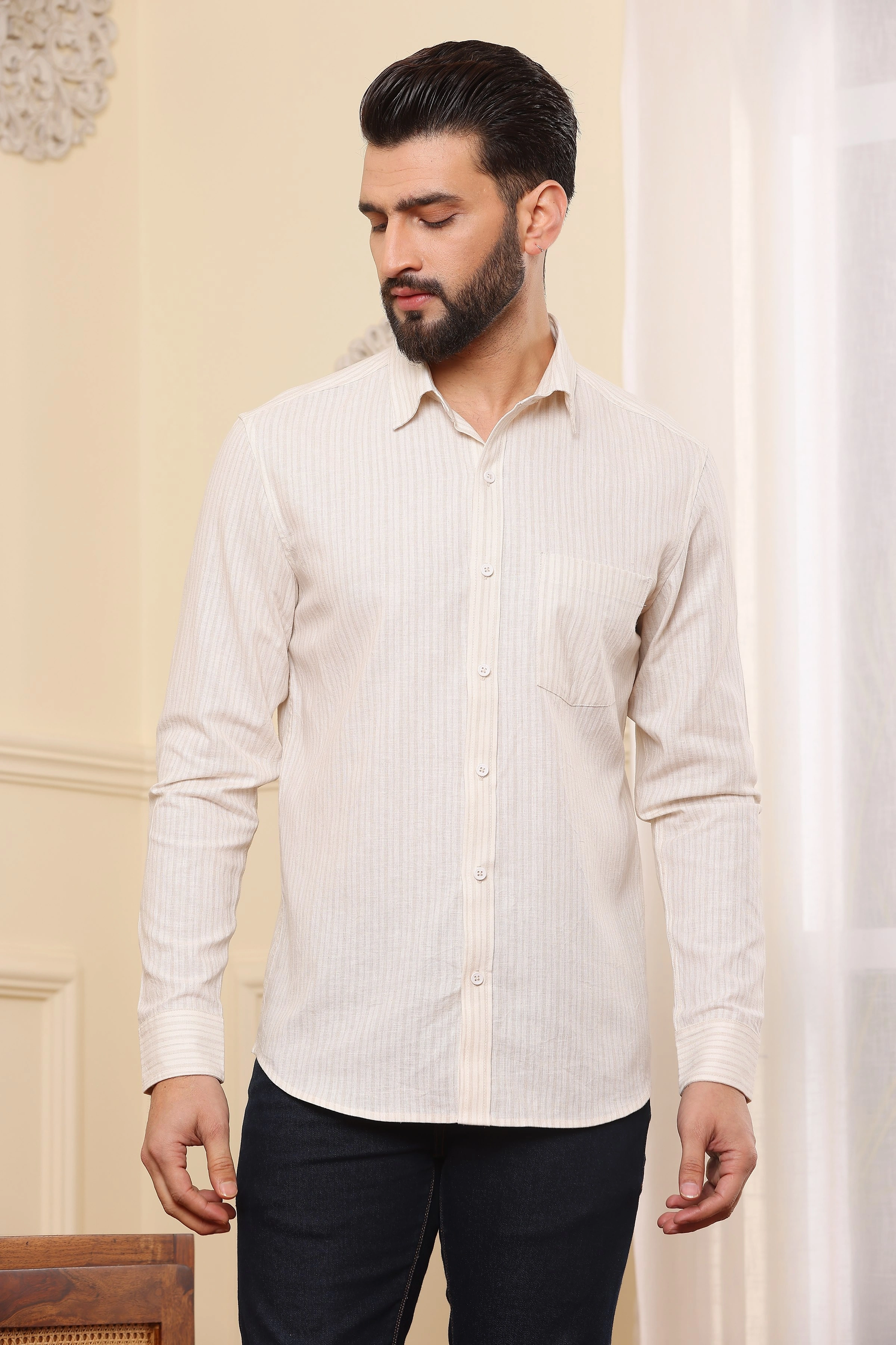 Beige Cream Striped Linen Shirt-BE1107-S