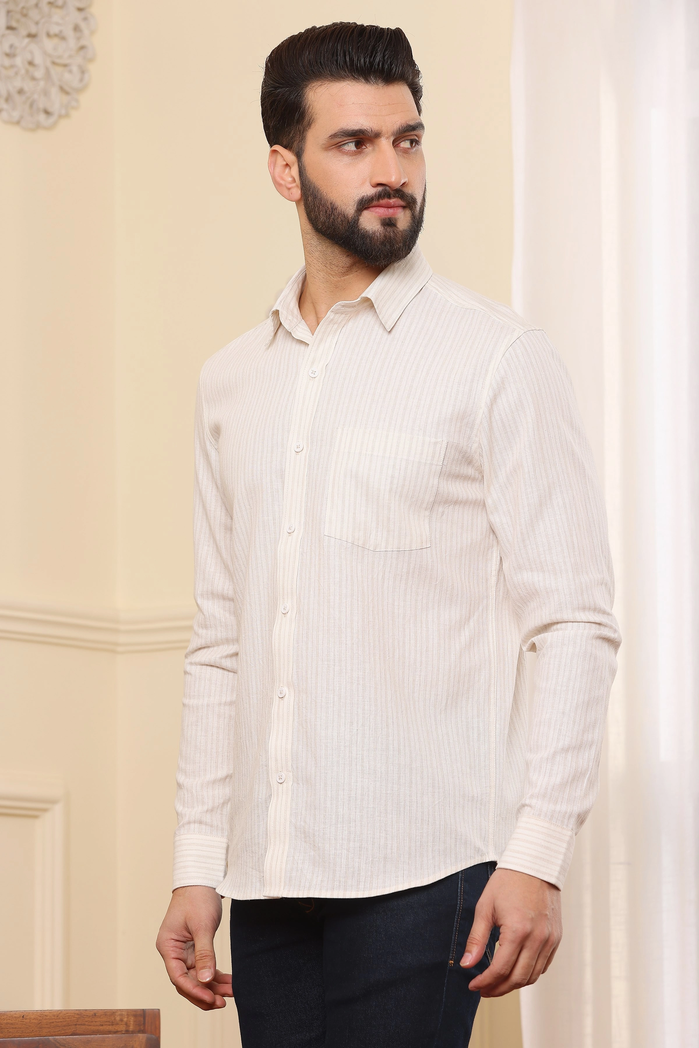 Beige Cream Striped Linen Shirt-S-1