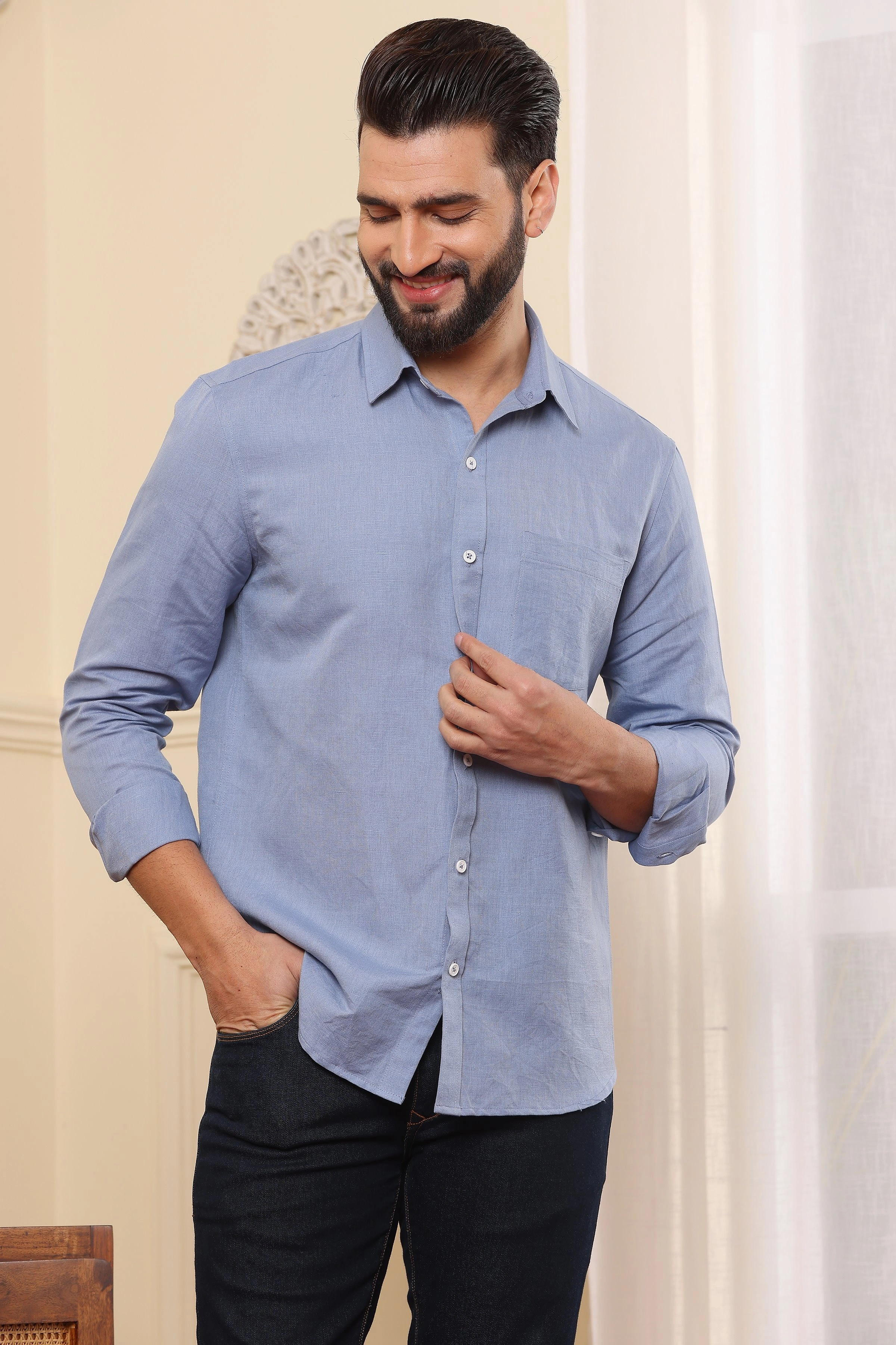 Pure Linen Shirt Independence Blue-S-1