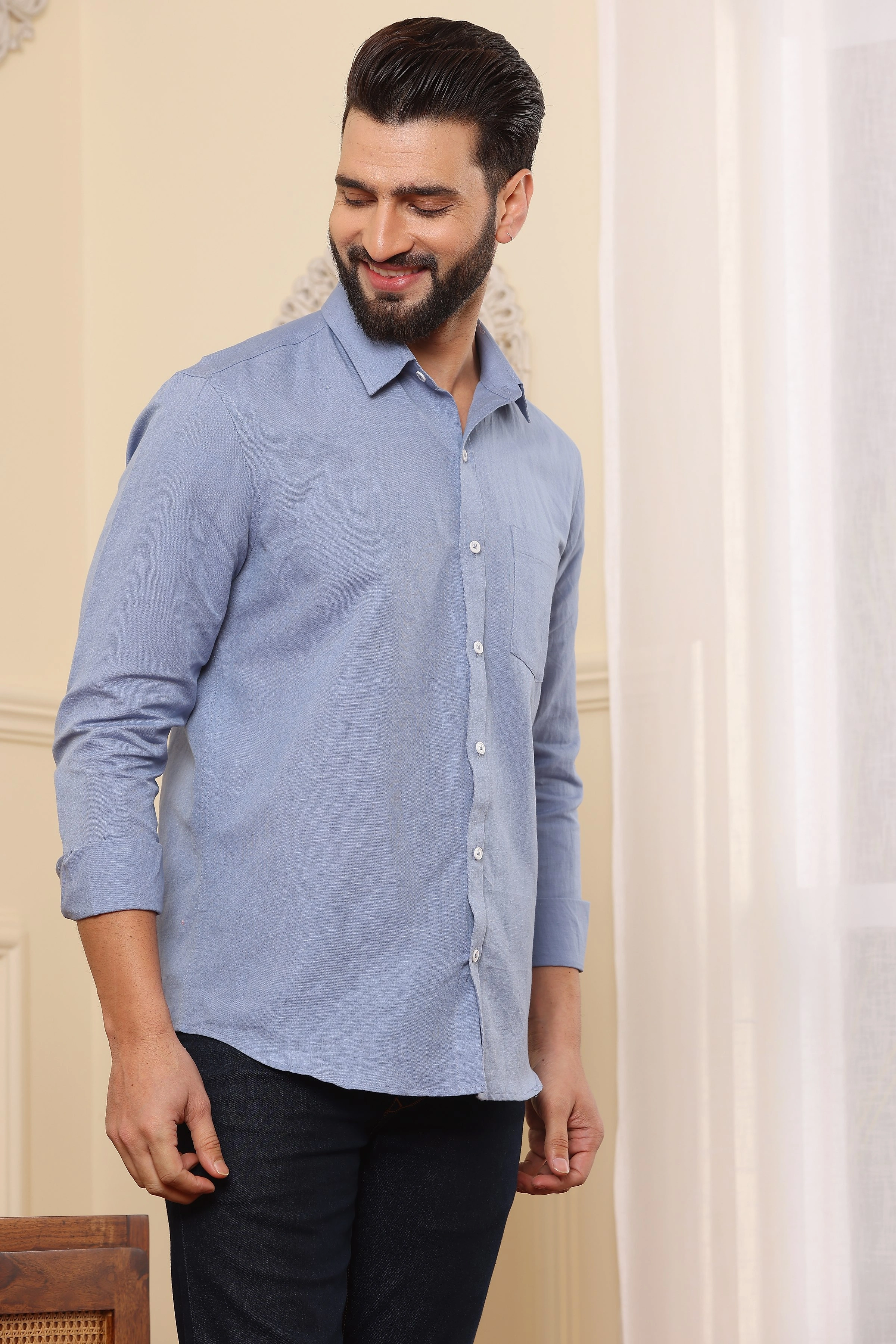 Pure Linen Shirt Independence Blue-S-2