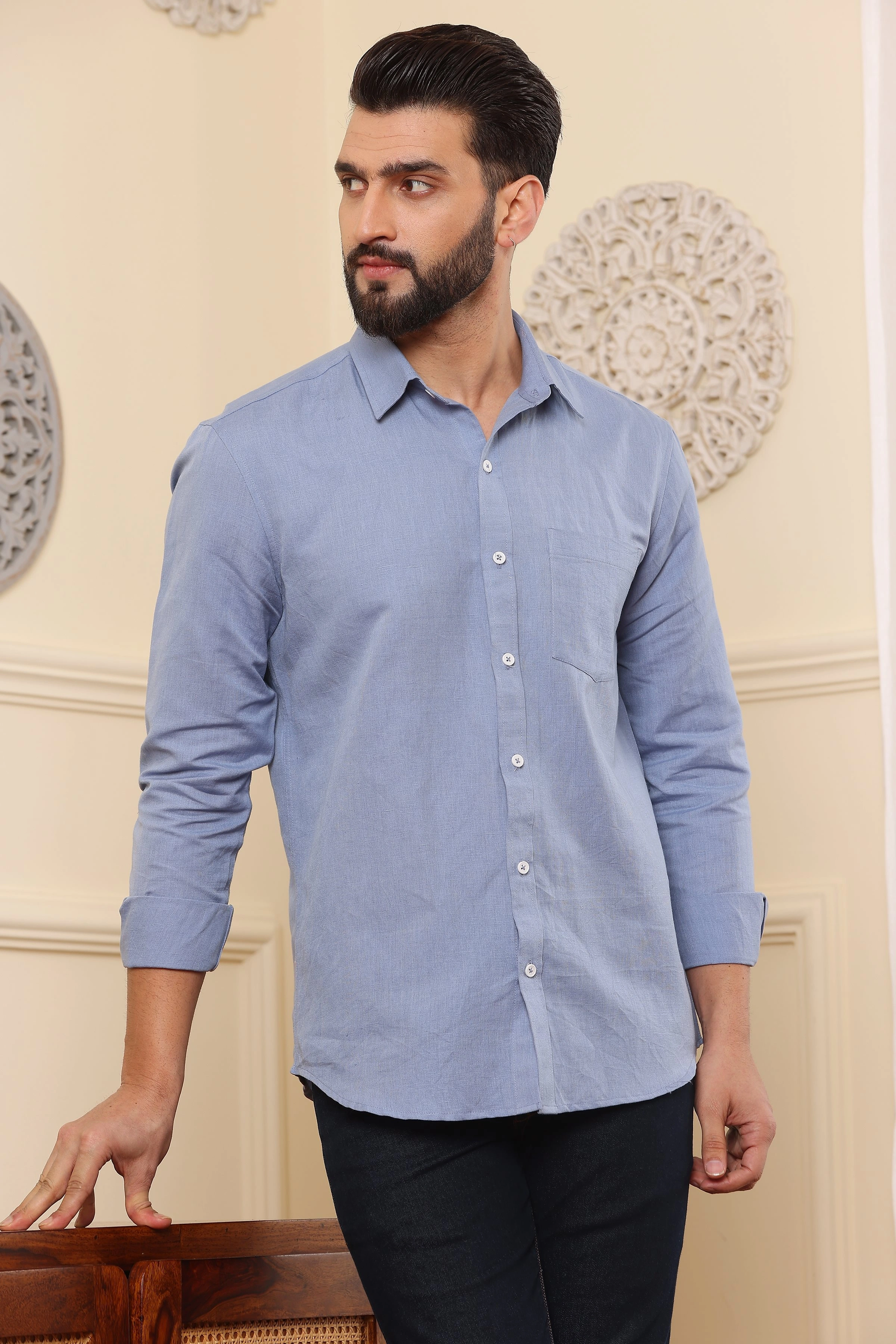 Pure Linen Shirt Independence Blue-S-3