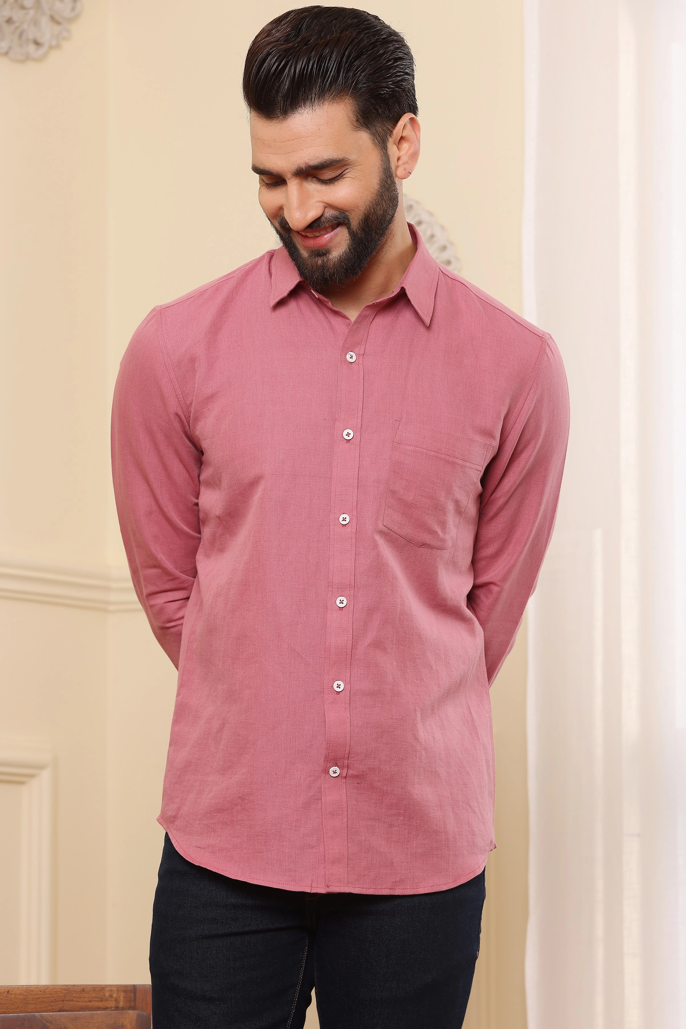 Pure Linen Shirt Coral Pink-S-1