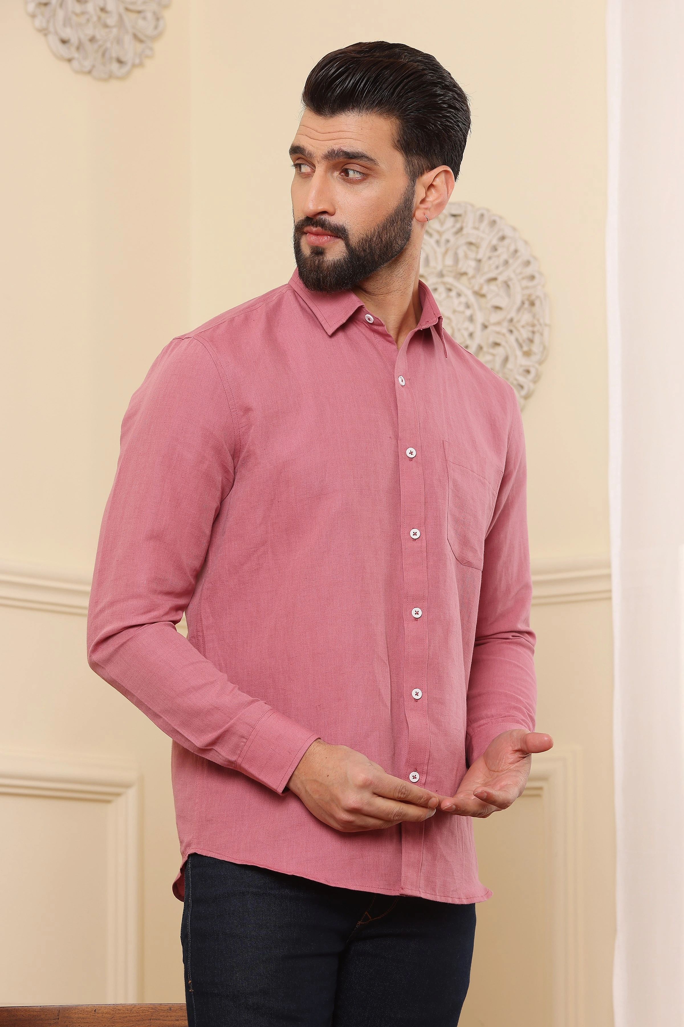 Pure Linen Shirt Coral Pink-S-3