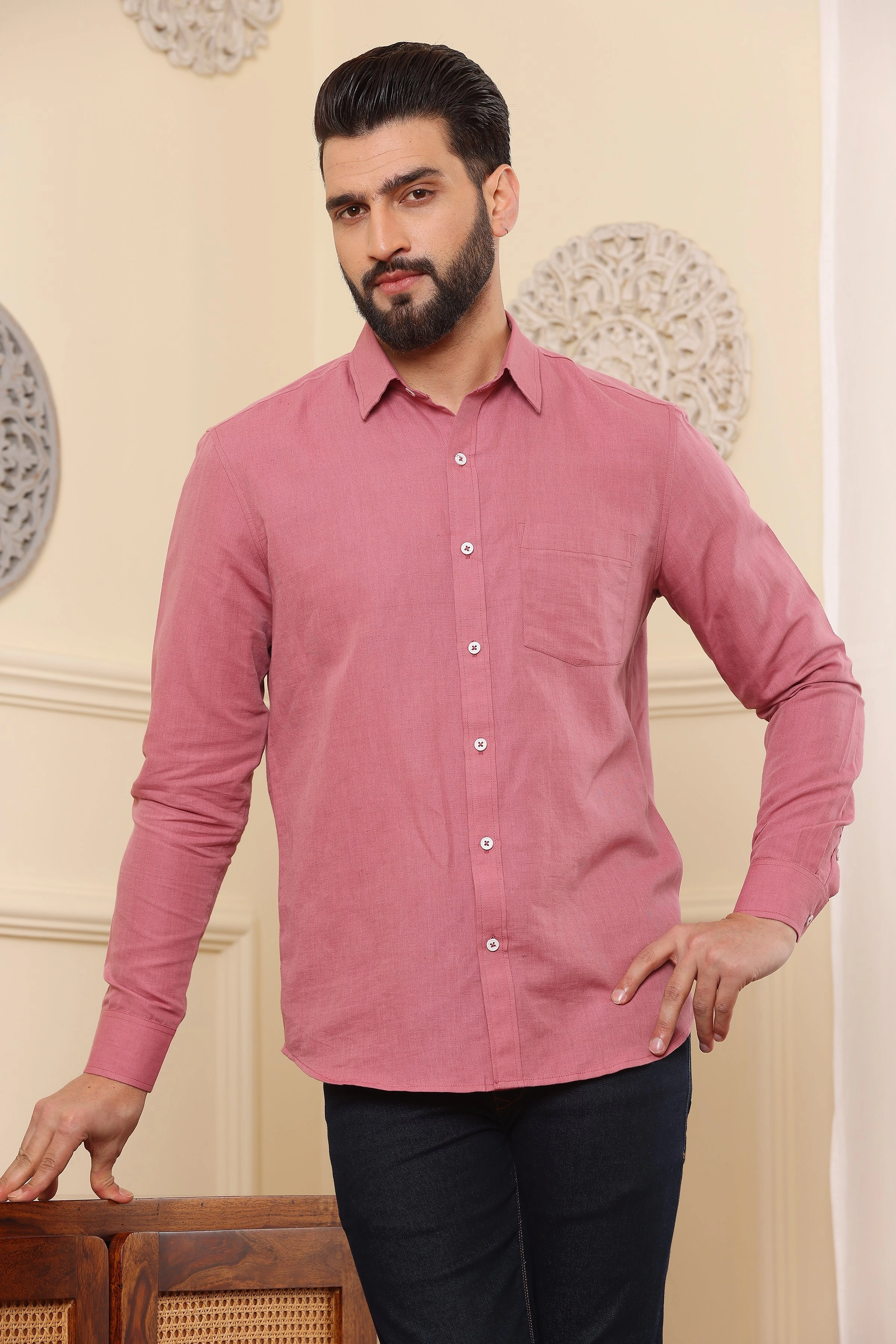 Pure Linen Shirt Coral Pink-BE1109-S