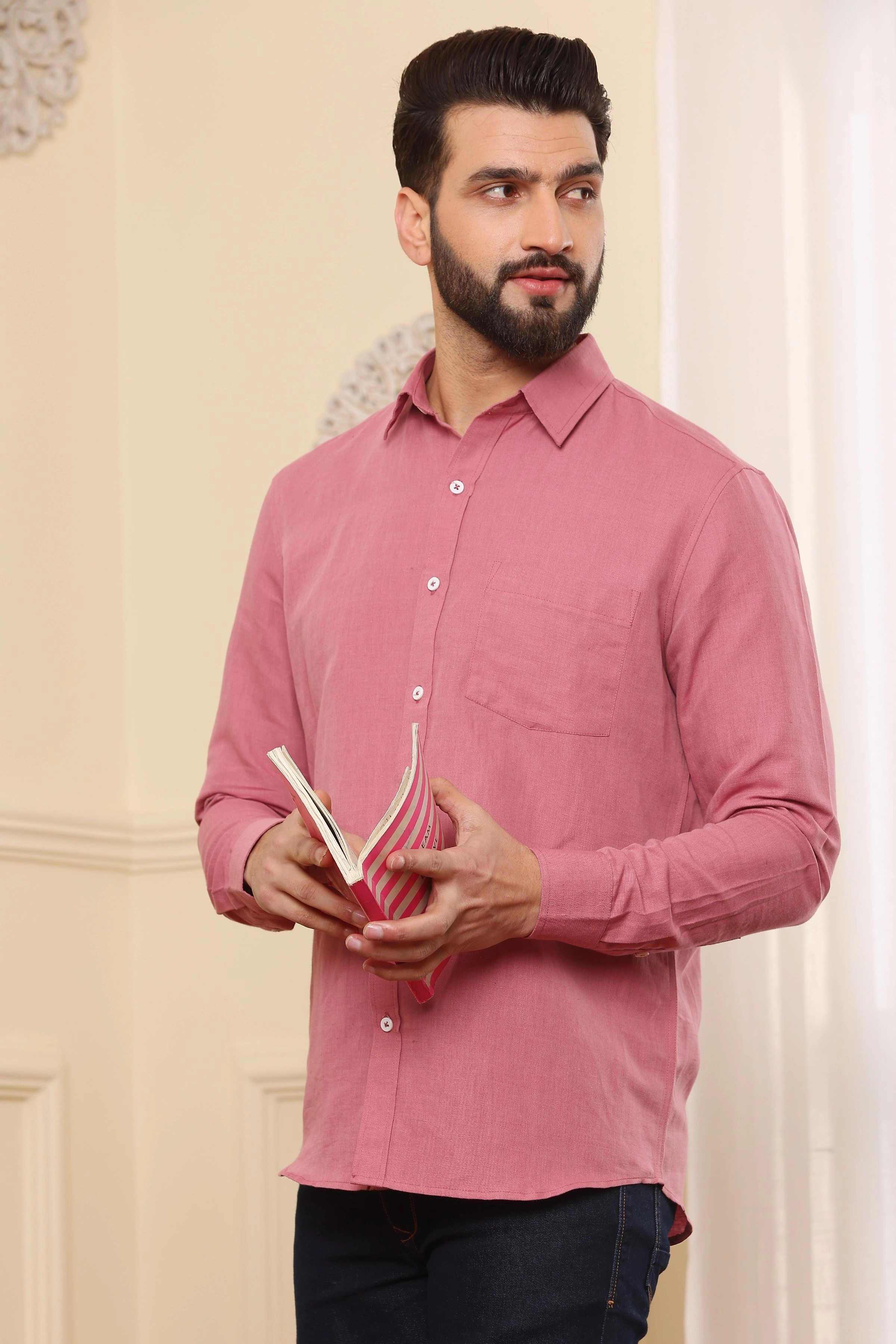 Pure Linen Shirt Coral Pink-S-5