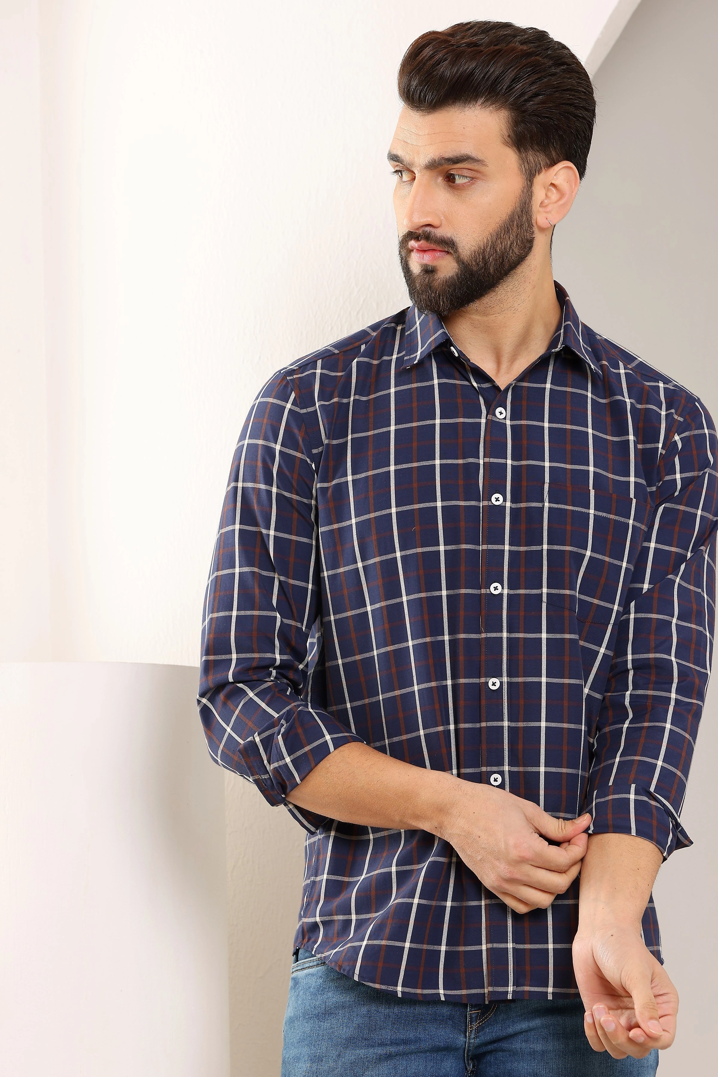 Blue Check Cotton Shirt-BE1123-S