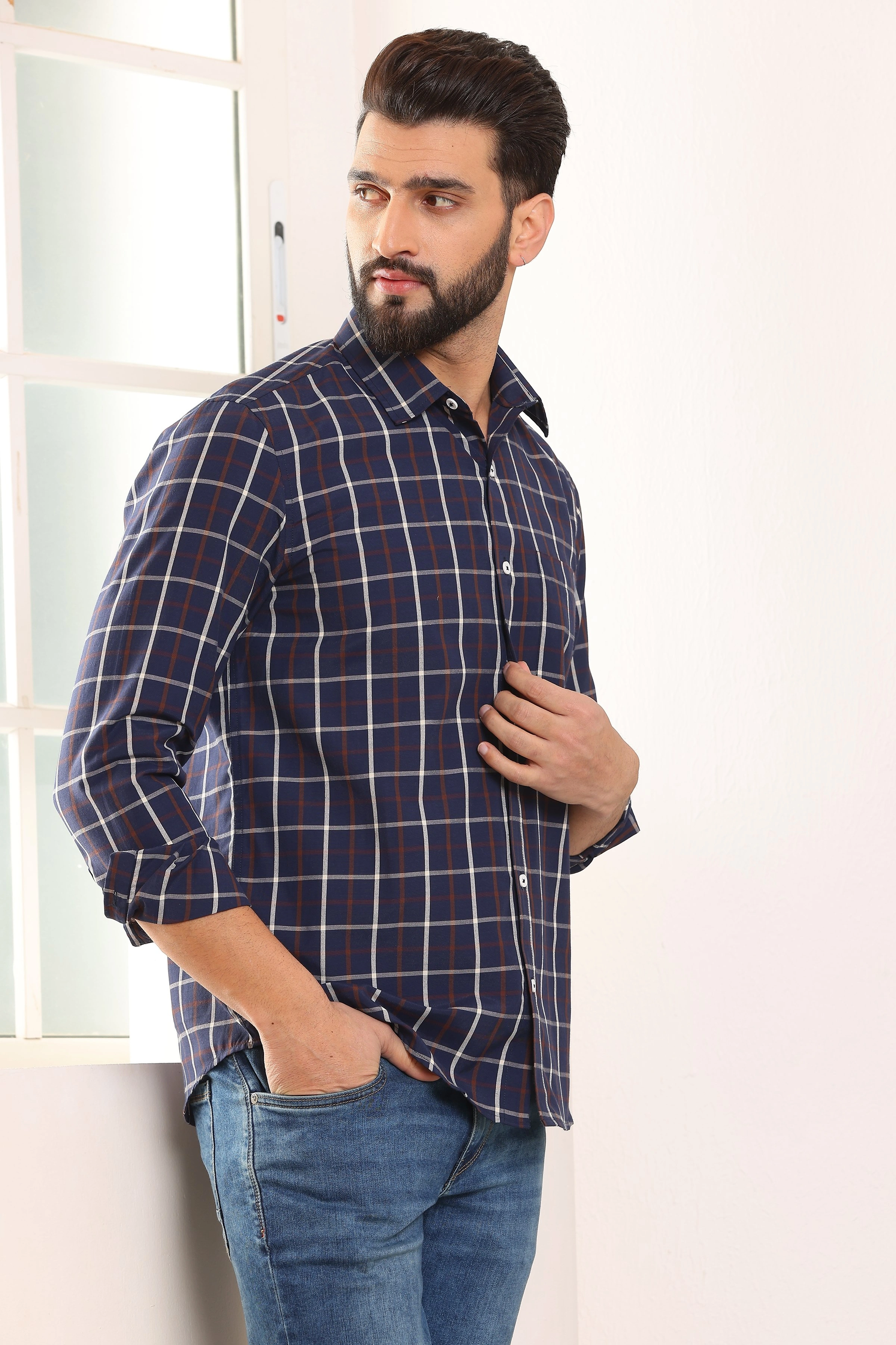 Blue Check Cotton Shirt-S-2