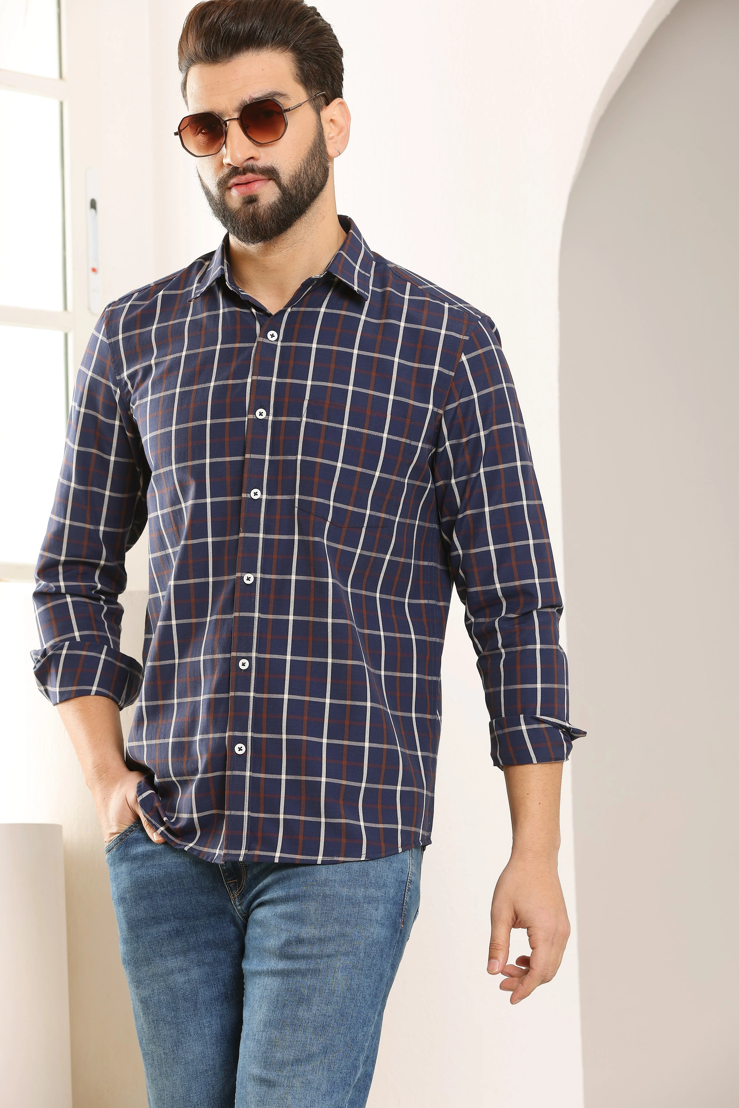 Blue Check Cotton Shirt-S-4