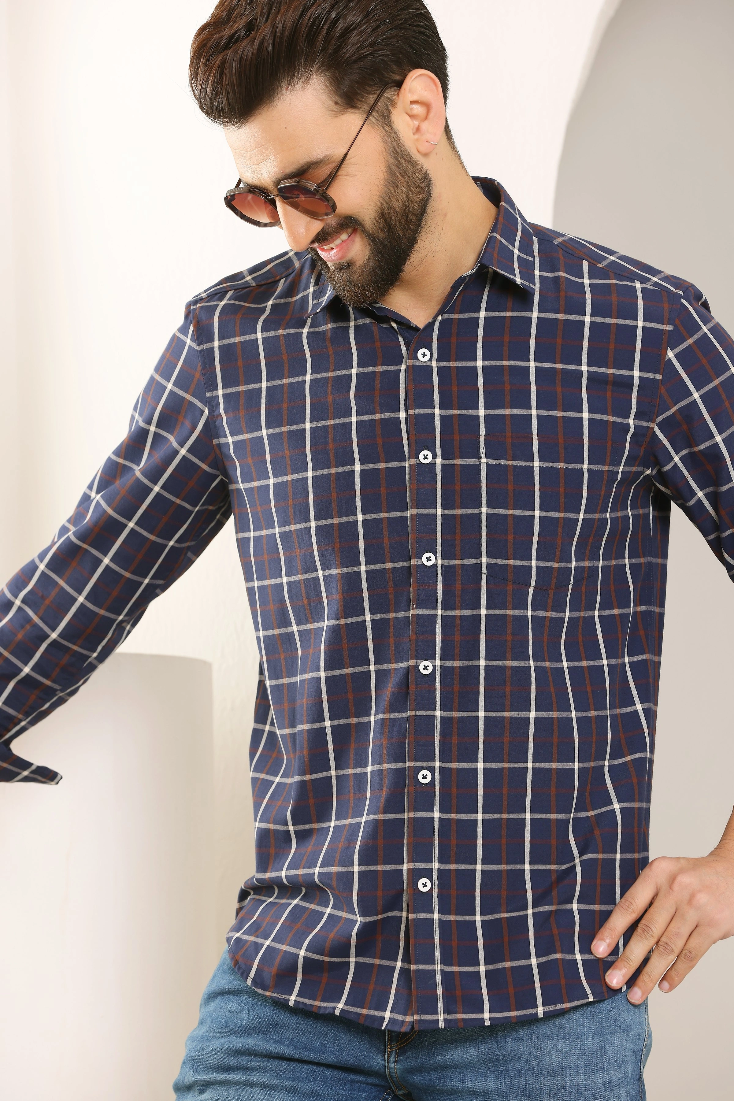 Blue Check Cotton Shirt-S-5