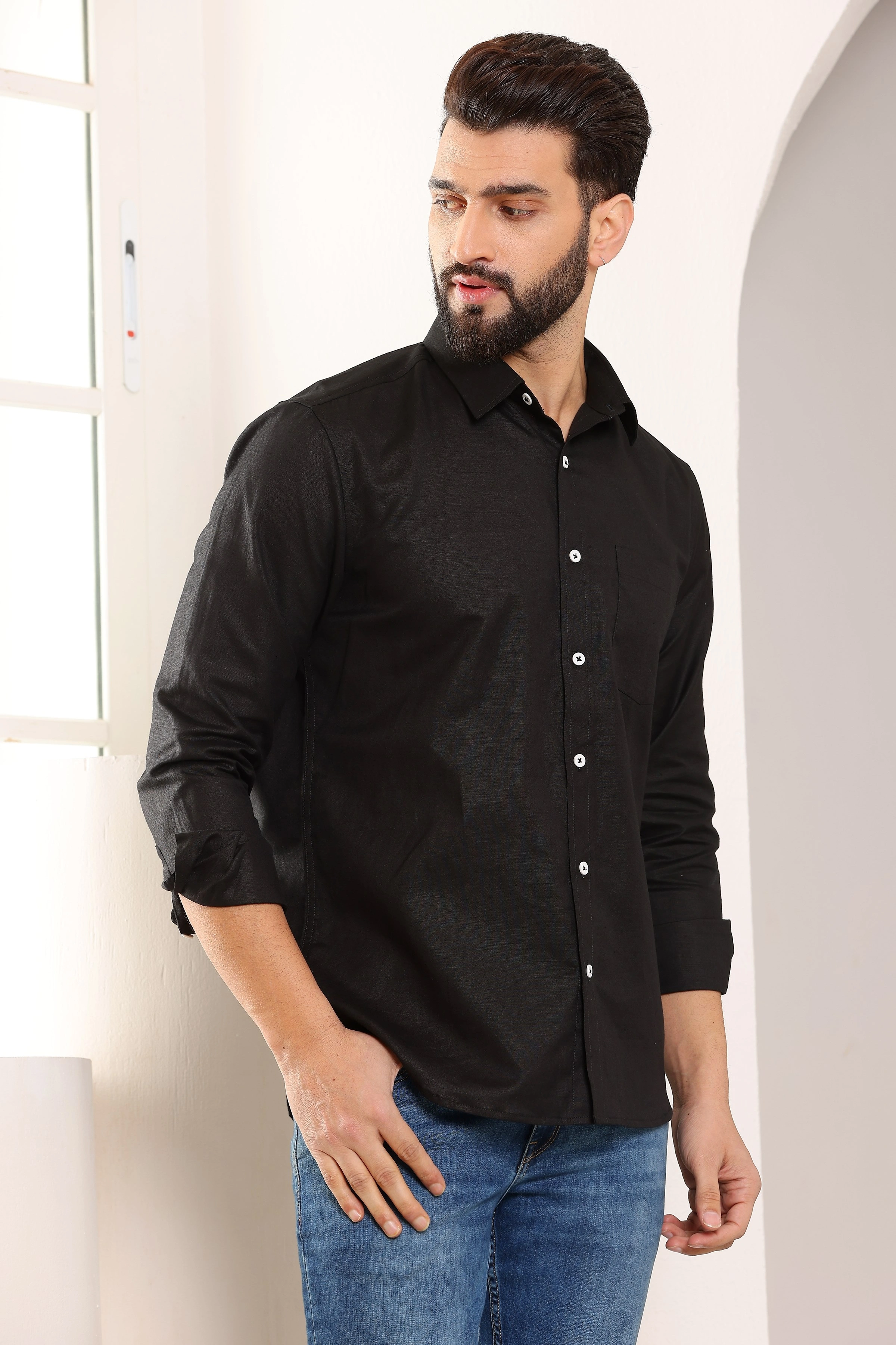 Black Linen Shirt-S-1