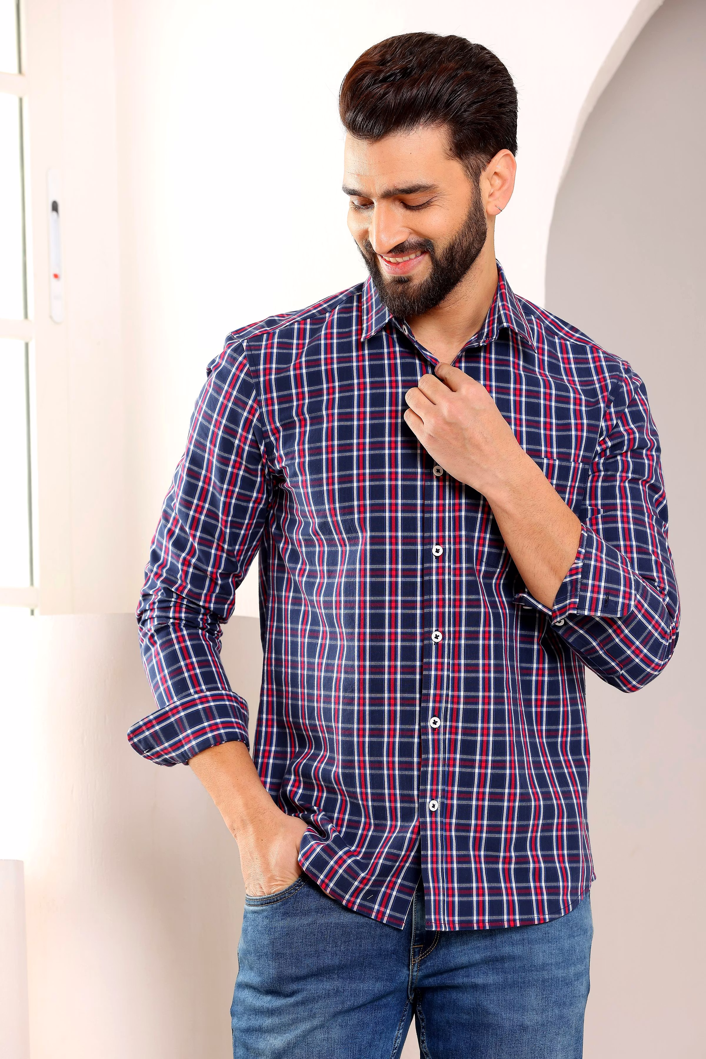 Latest Men Blue Check Cotton Shirt (Size - S) by BLUE EAGLE 2025 at ShopCircuit | ONDC