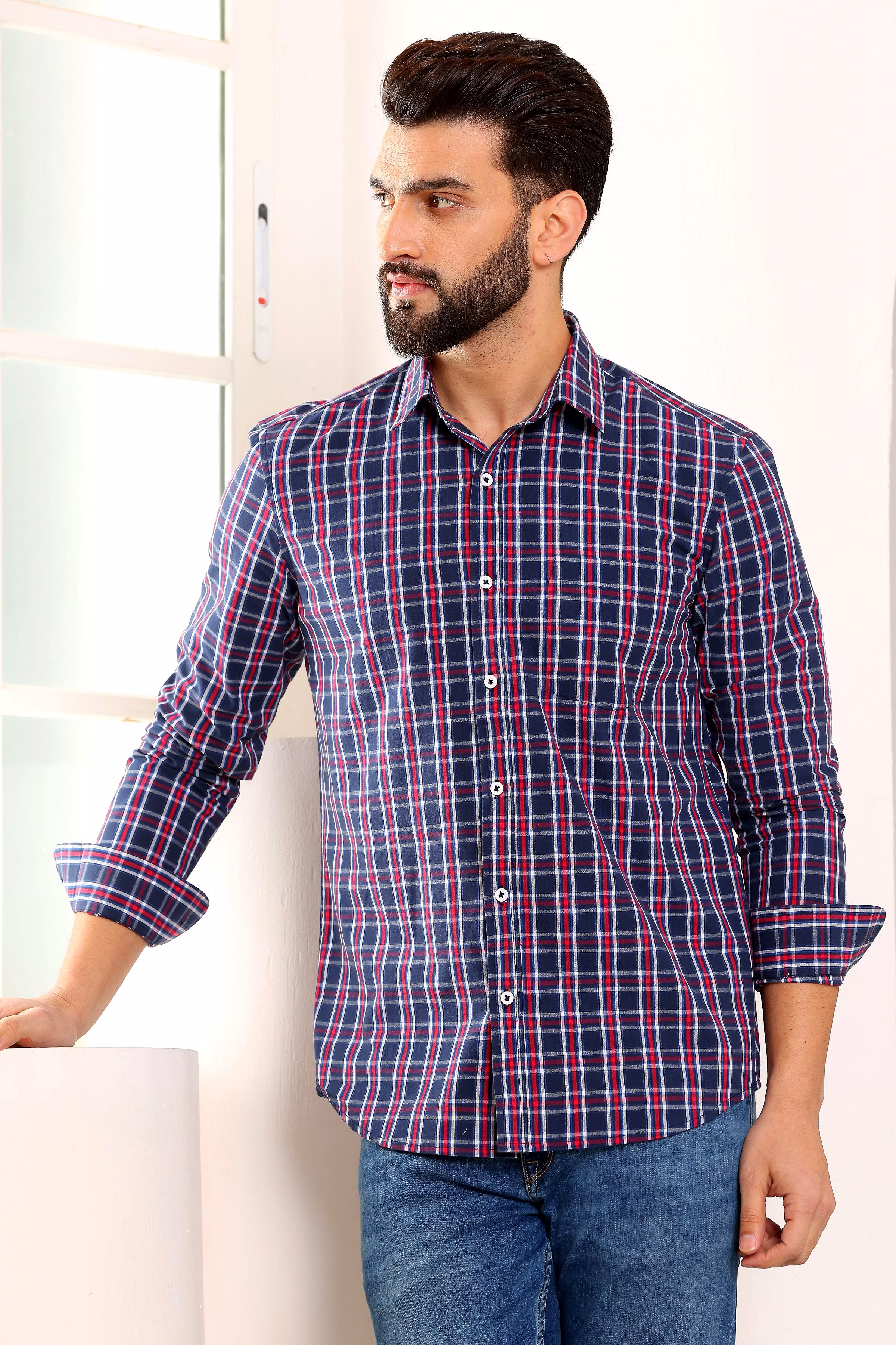 Latest Men Blue Check Cotton Shirt (Size - S) by BLUE EAGLE 2025 at ShopCircuit | ONDC