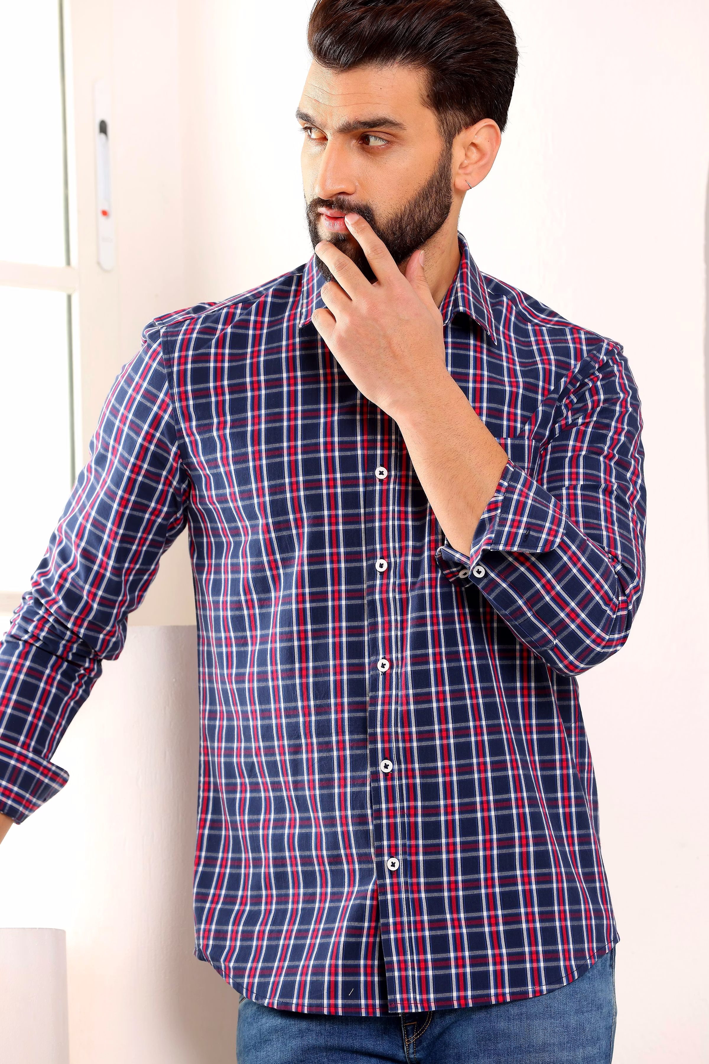Latest Men Blue Check Cotton Shirt (Size - S) by BLUE EAGLE 2025 at ShopCircuit | ONDC