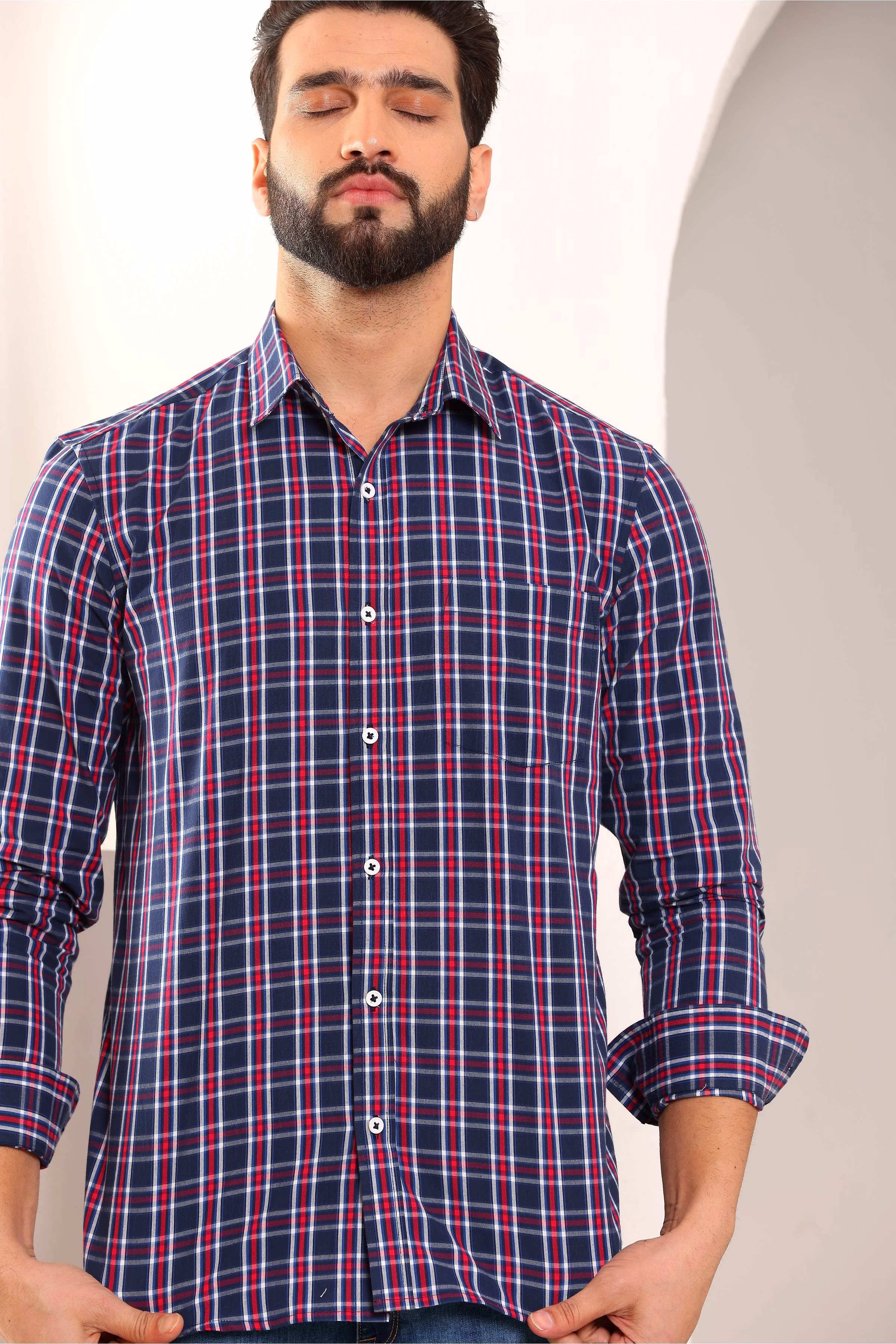 Latest Men Blue Check Cotton Shirt (Size - S) by BLUE EAGLE 2025 at ShopCircuit | ONDC