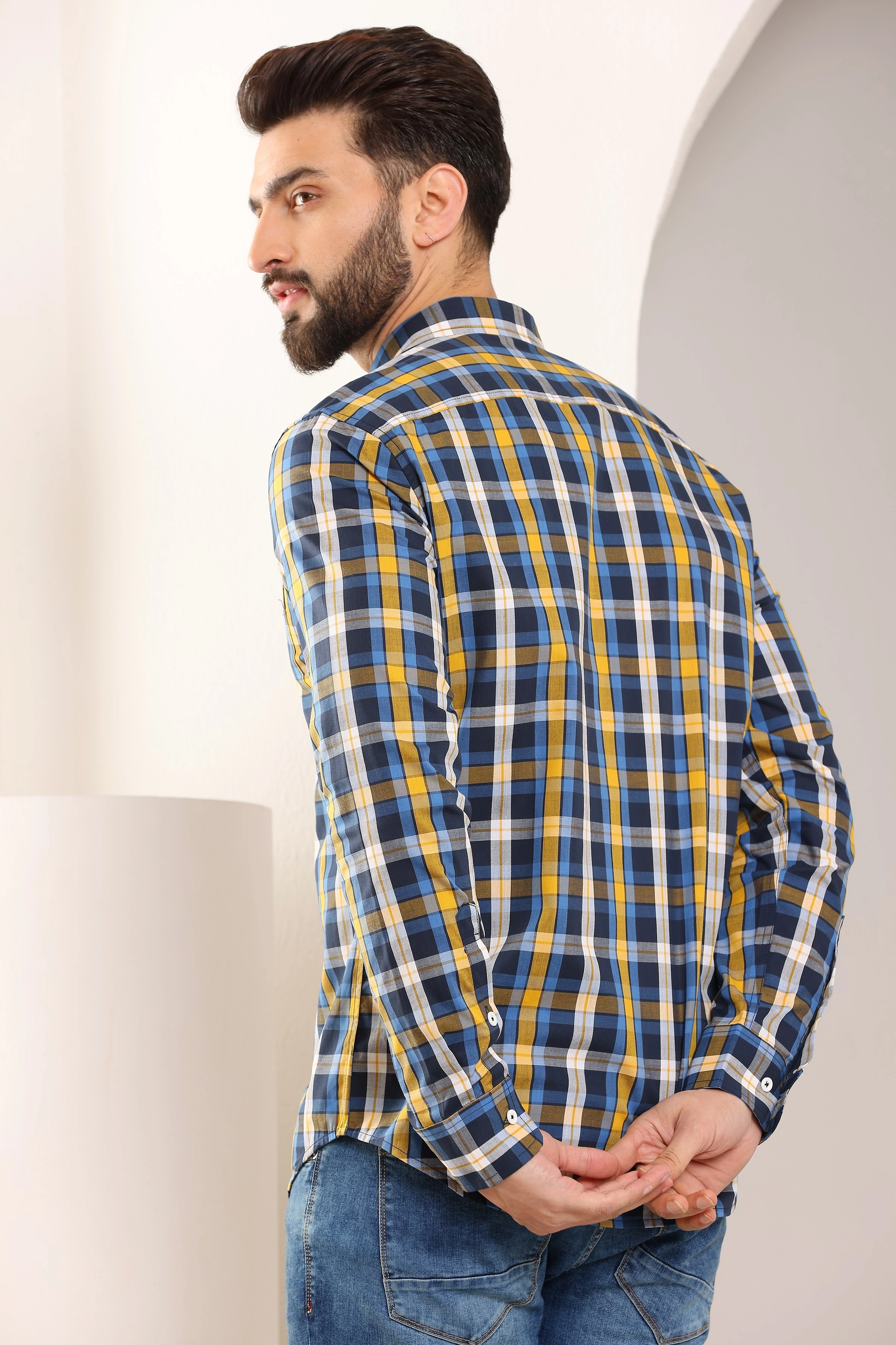 Check Cotton Shirt Blue Yellow-S-7