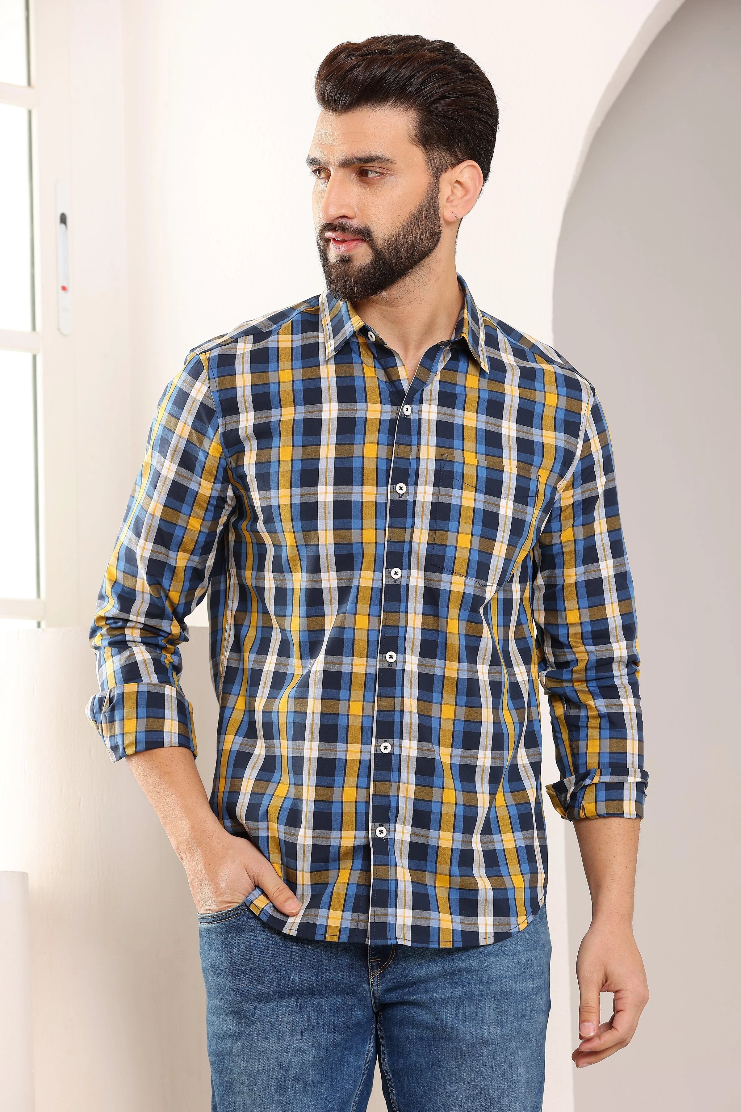 Check Cotton Shirt Blue Yellow-BE1125-S