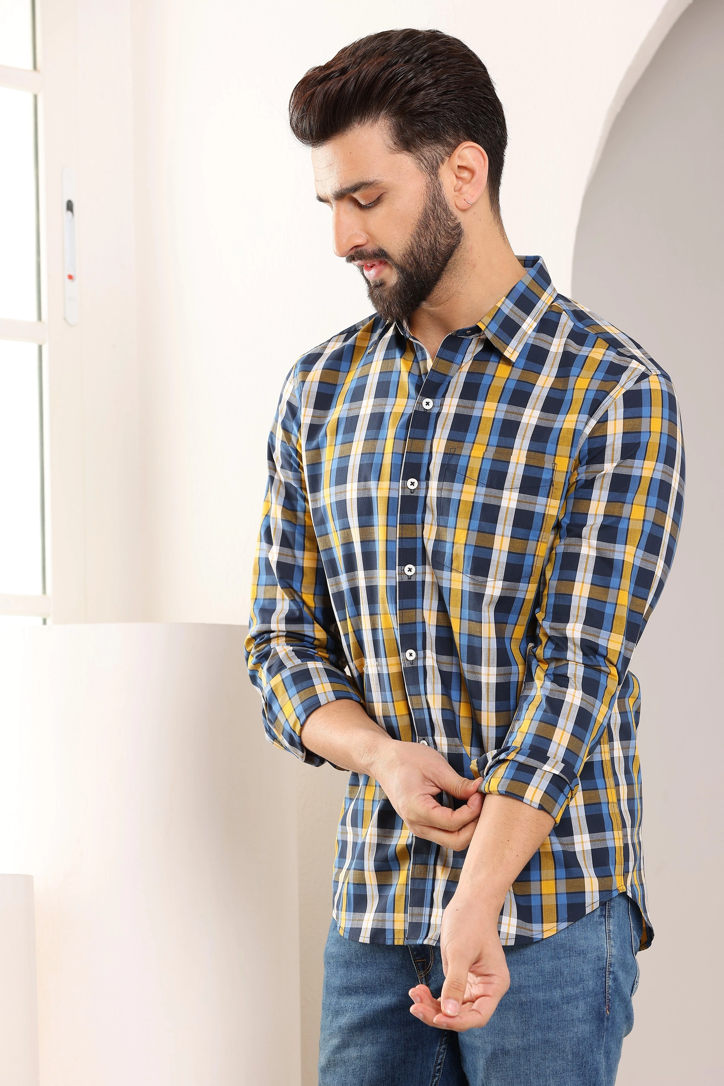 Check Cotton Shirt Blue Yellow-S-1