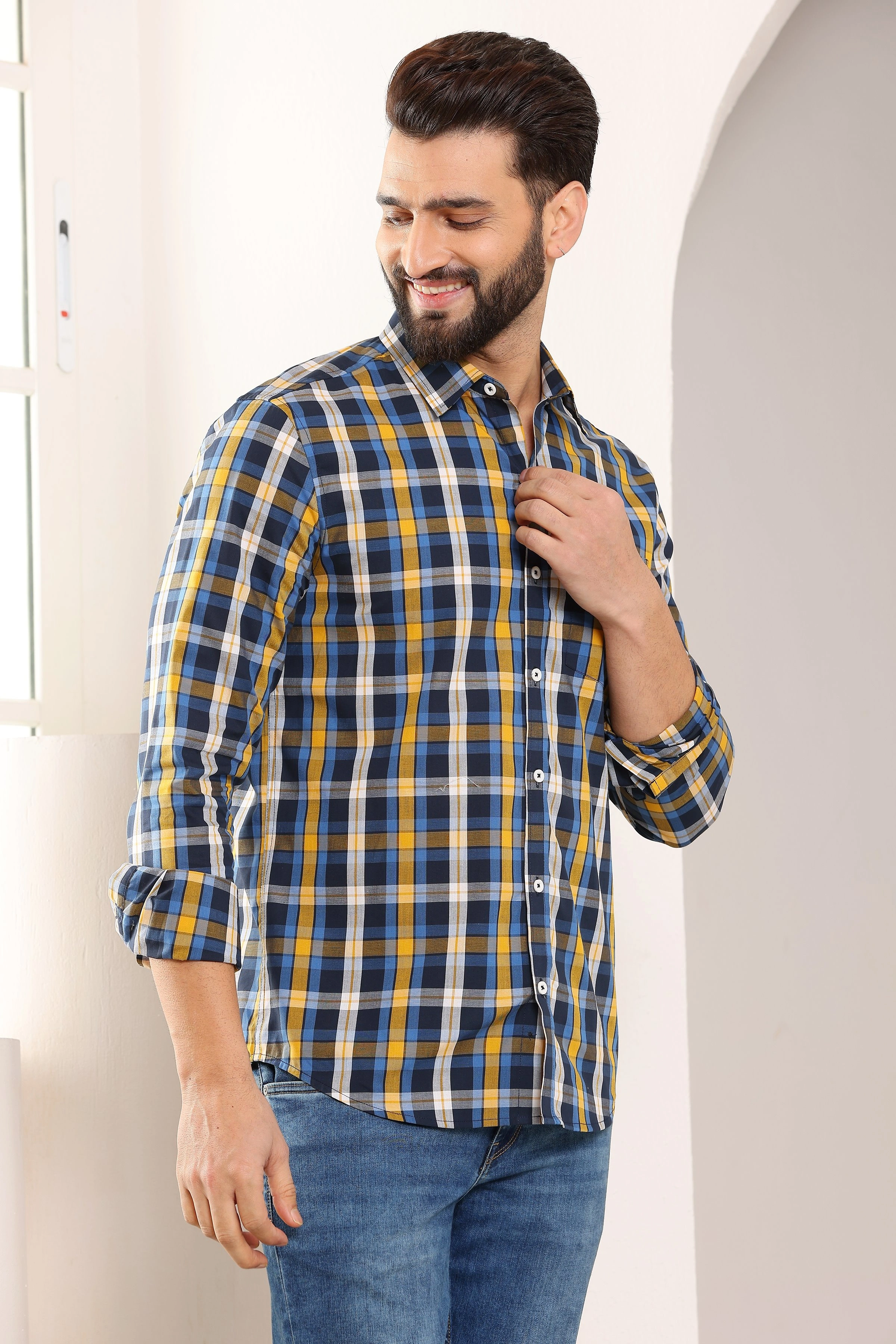 Check Cotton Shirt Blue Yellow-S-2