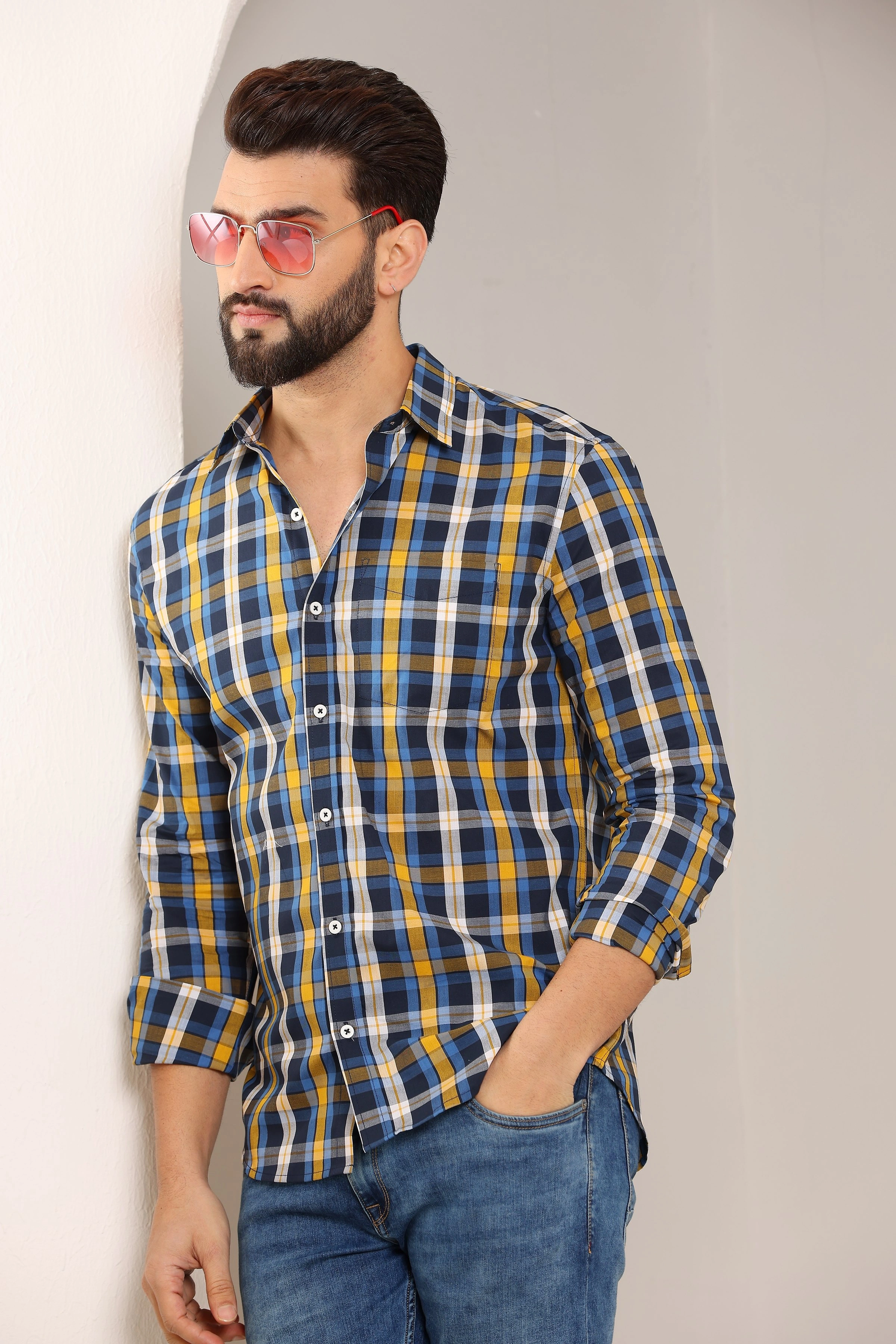 Check Cotton Shirt Blue Yellow-S-5